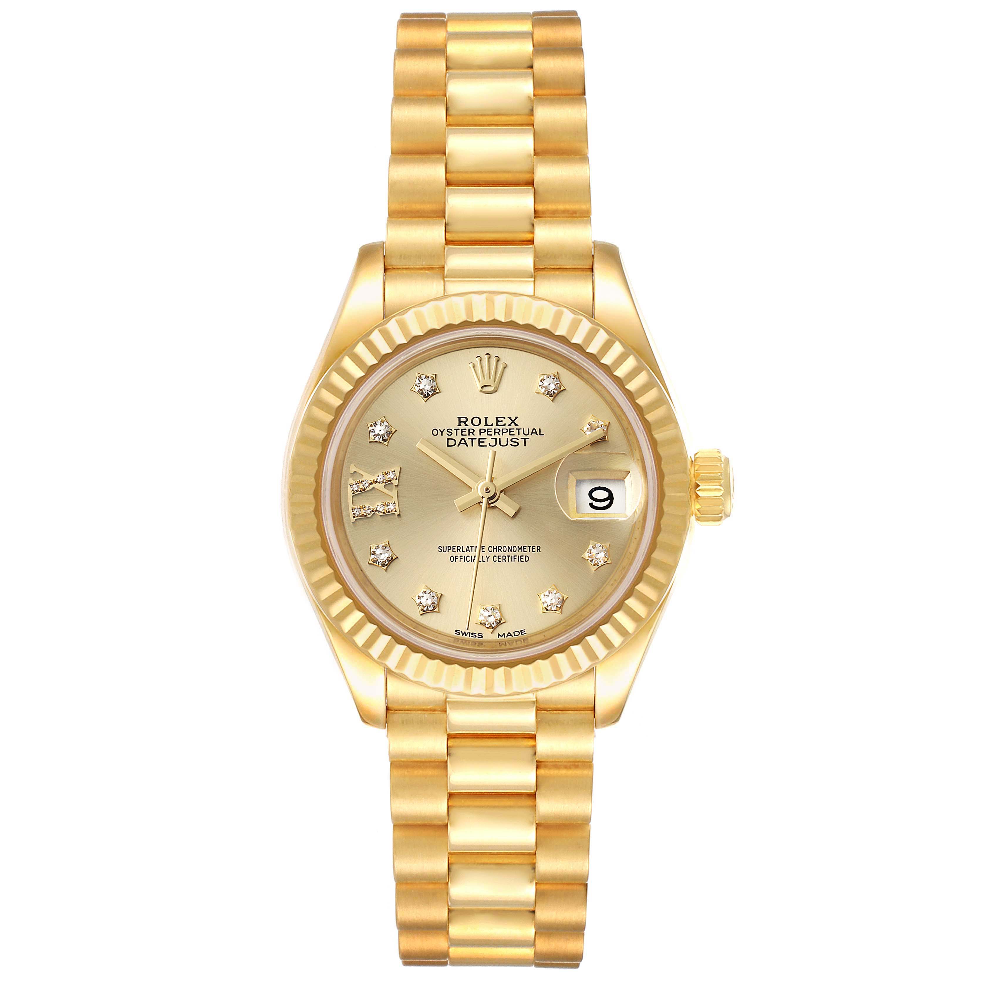 The image shows a Rolex President 279178 Women's Yellow Gold Champagne Dial 279178 Women's Yellow Gold Champagne Dial model watch from a front angle, displaying its face, dial, bezel, and bracelet.