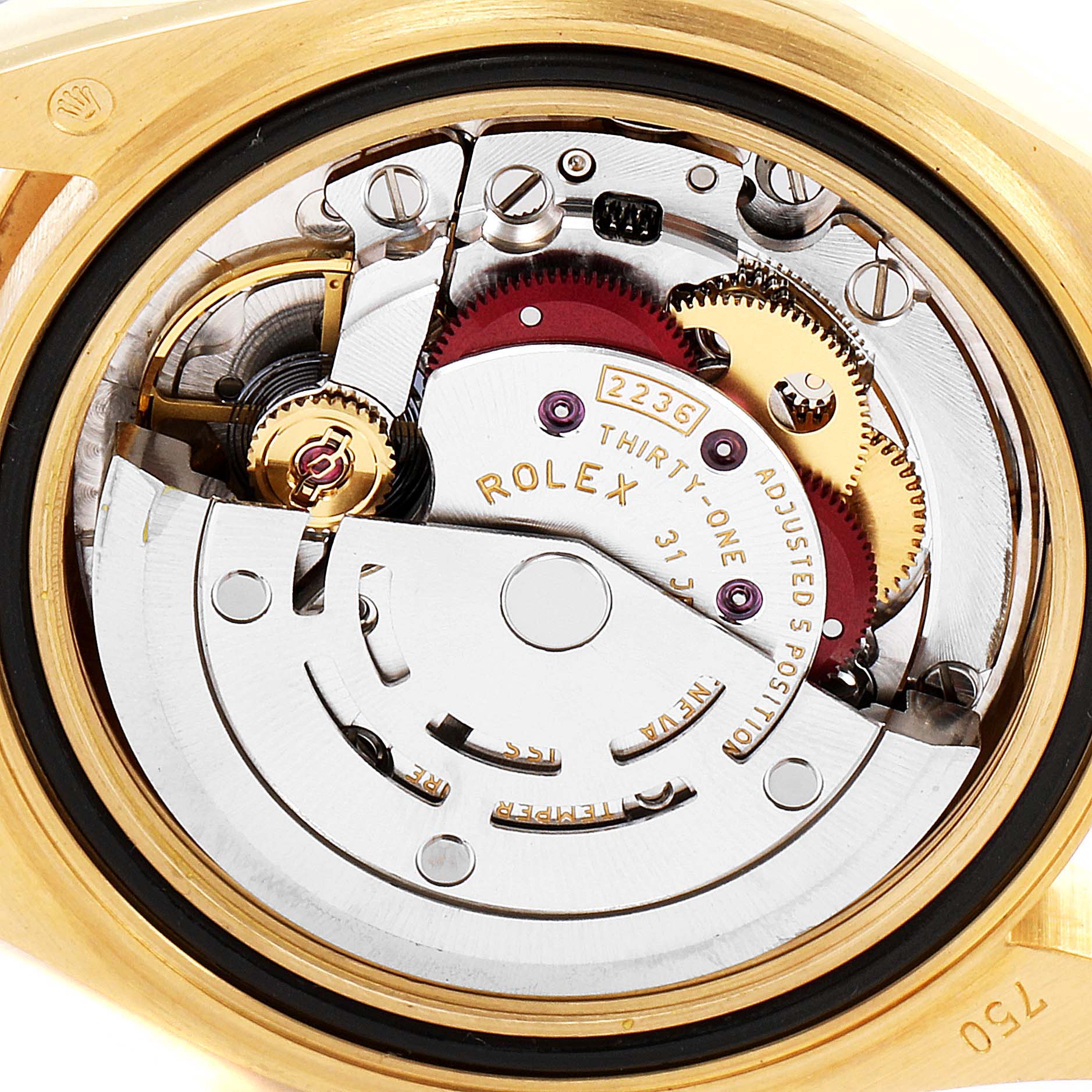 This image shows the internal mechanics of the Rolex President 279178 Women's Yellow Gold Champagne Dial 279178 Women's Yellow Gold Champagne Dial model watch, focusing on its intricate movement components.