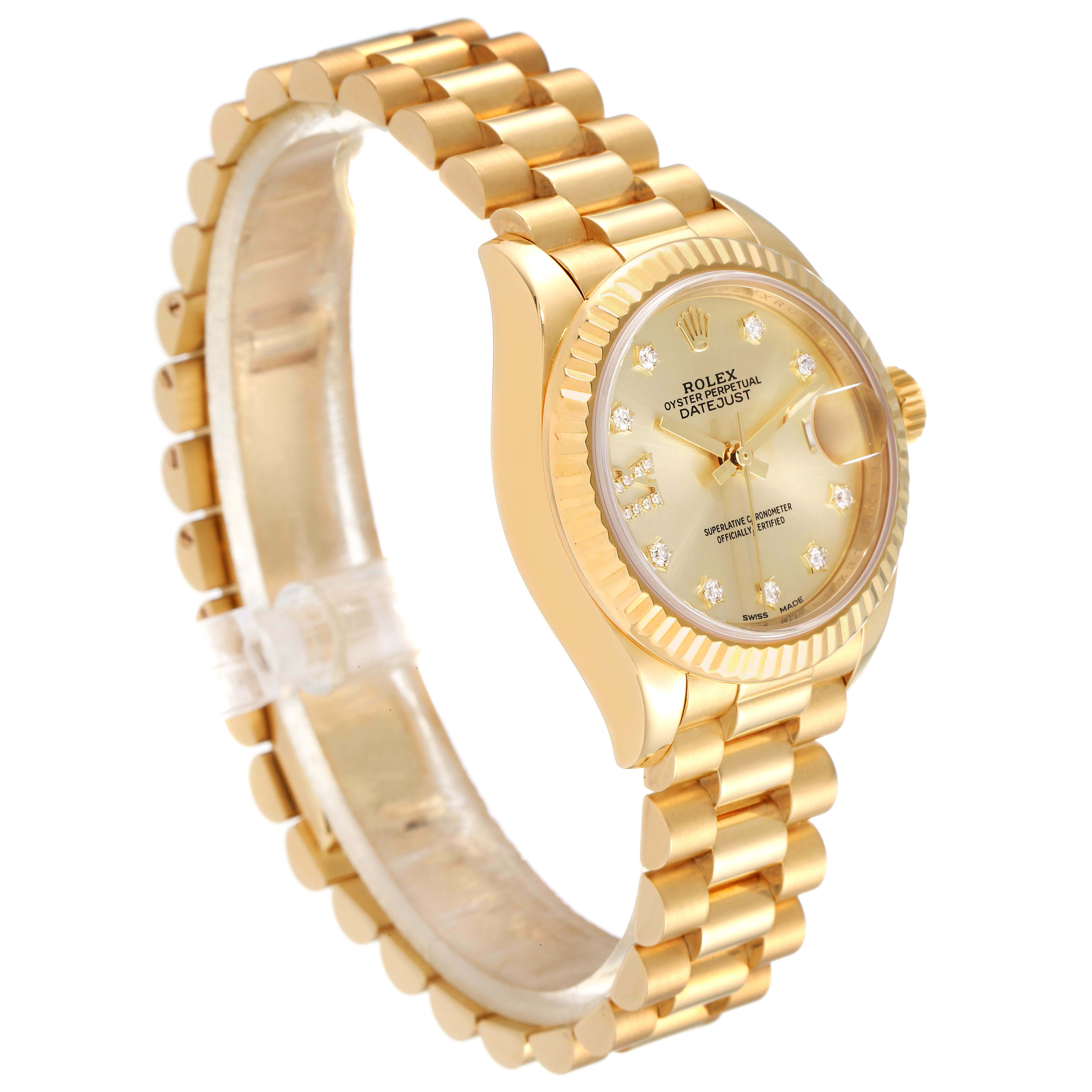 The Rolex President 279178 Women's Yellow Gold Champagne Dial 279178 Women's Yellow Gold Champagne Dial model is shown at an oblique angle, highlighting the watch face, case, and bracelet.