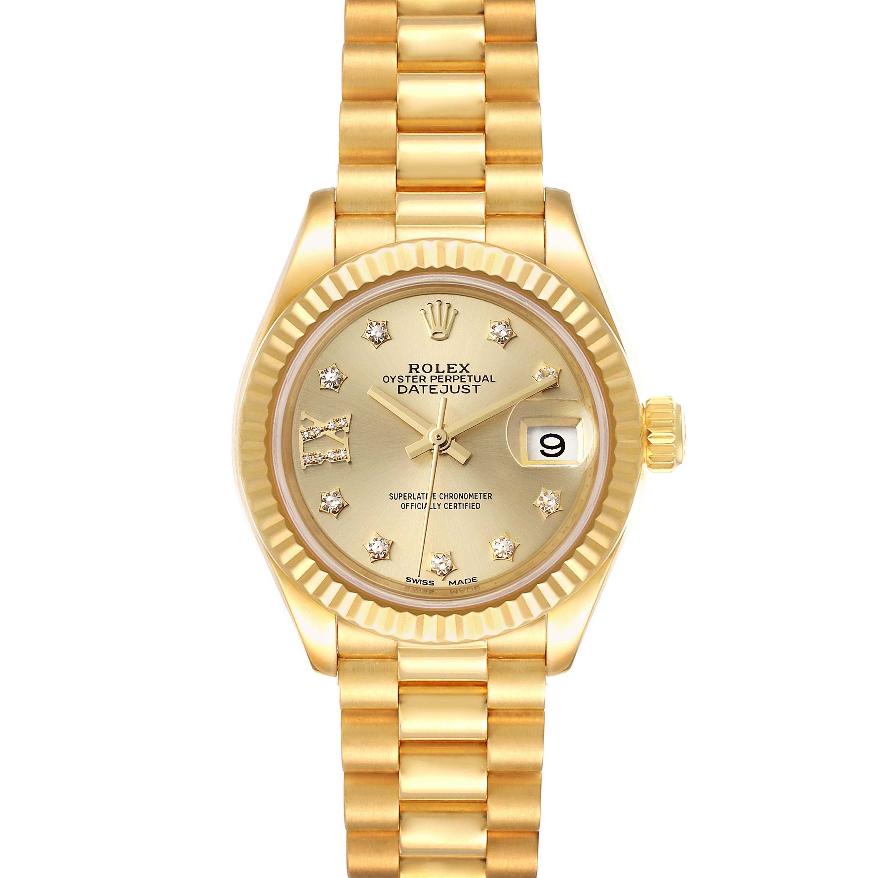 The image shows a front view of the Rolex President 279178 Women's Yellow Gold Champagne Dial 279178 Women's Yellow Gold Champagne Dial model watch, highlighting its dial, date window, and gold bracelet.