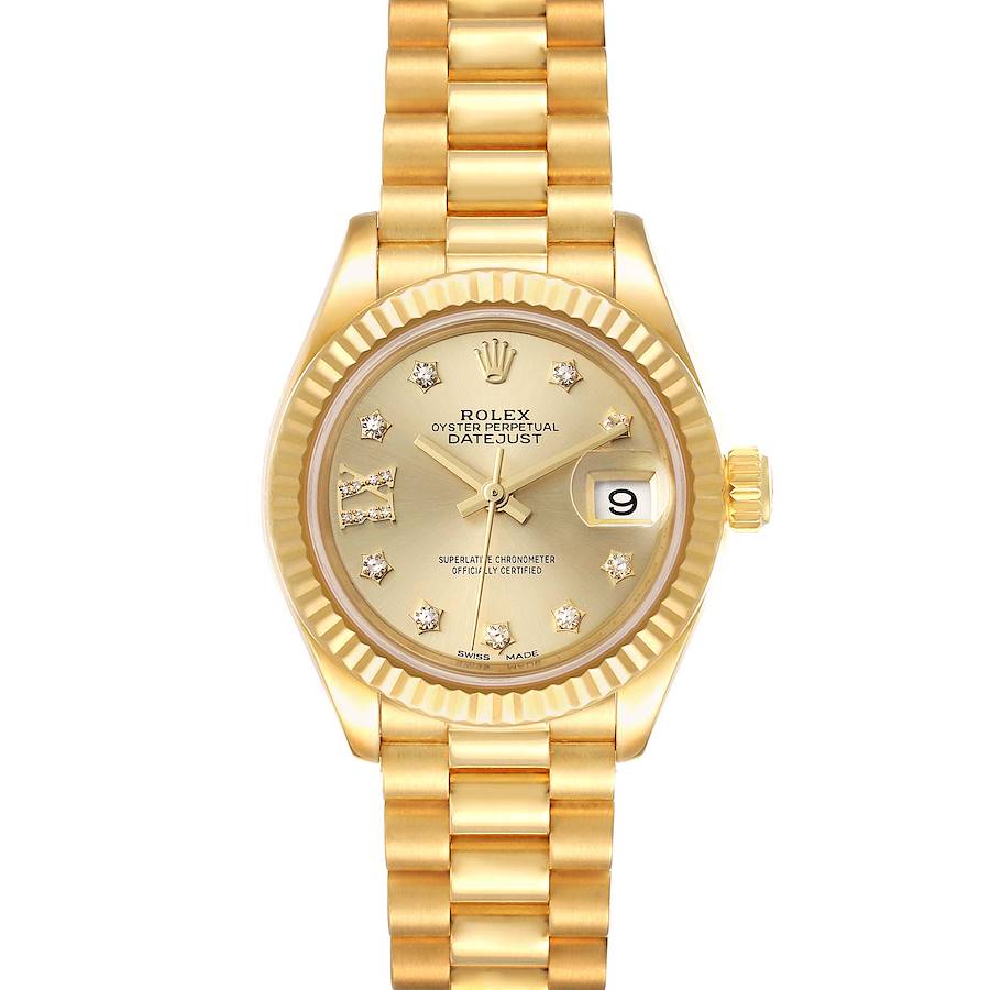The image shows a front view of the Rolex President 279178 Women's Yellow Gold Champagne Dial 279178 Women's Yellow Gold Champagne Dial model watch, highlighting its dial, date window, and gold bracelet.