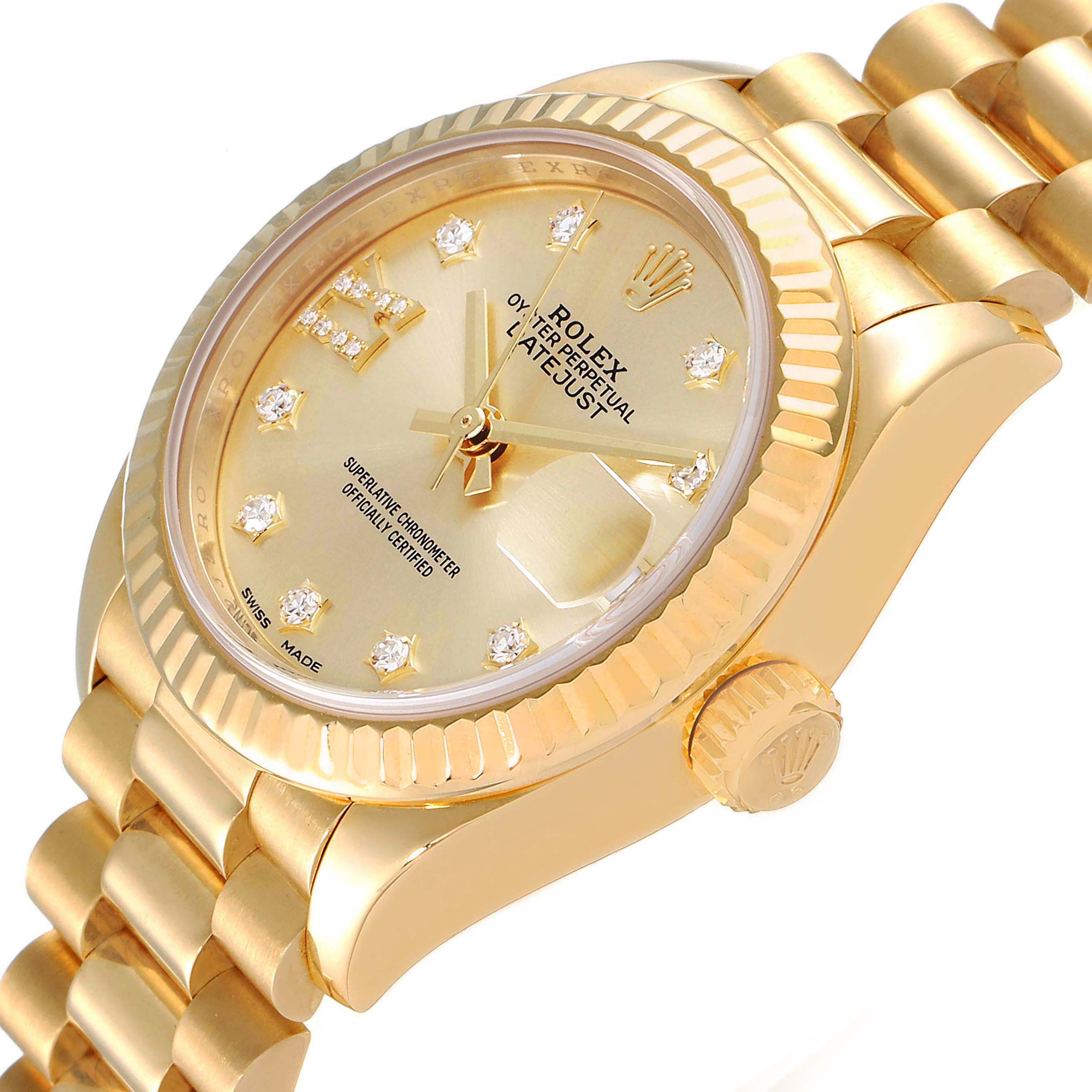 The image shows a close-up angle of the Rolex President 279178 Women's Yellow Gold Champagne Dial 279178 Women's Yellow Gold Champagne Dial model watch, highlighting its gold case, dial, and bracelet.