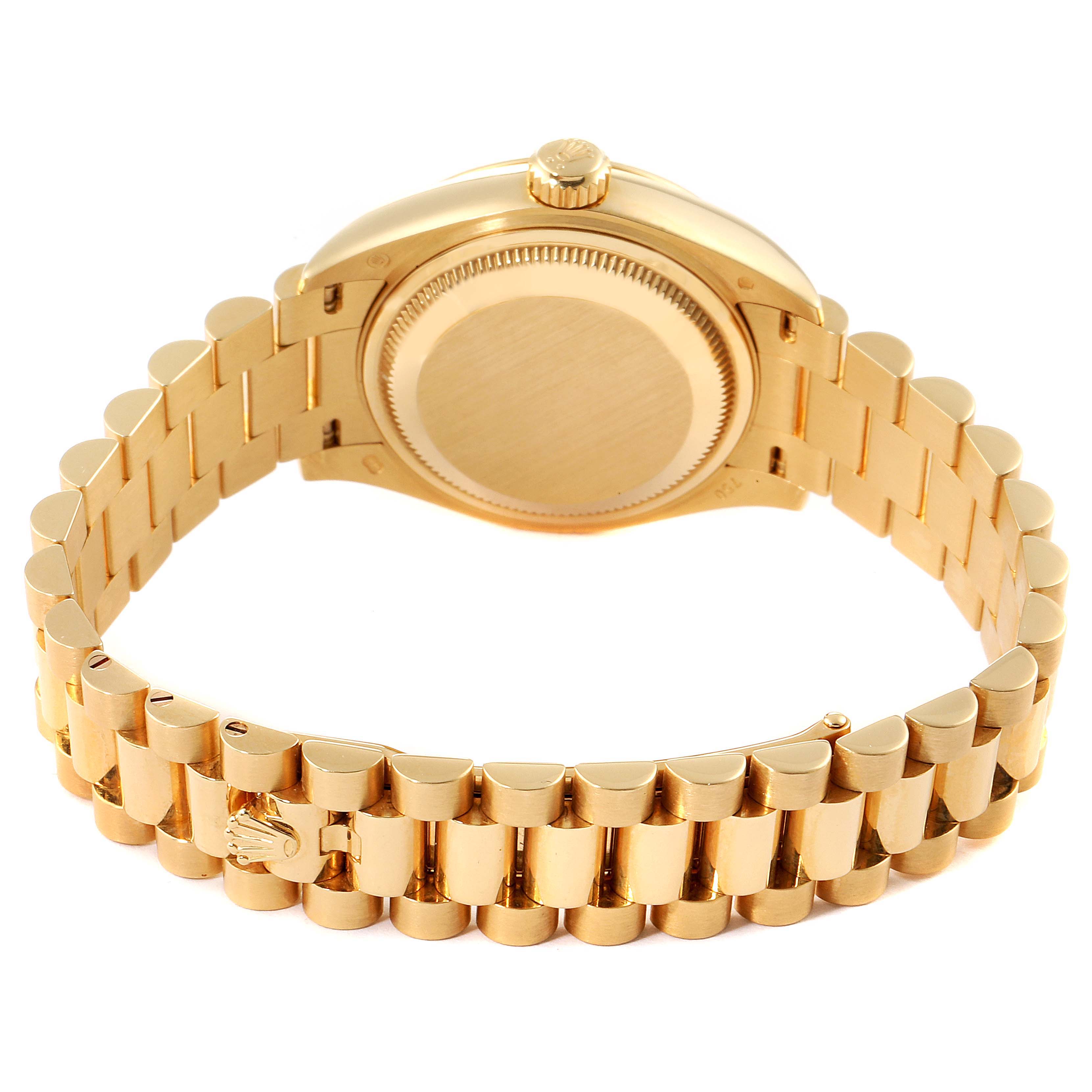 The image shows the back and bracelet of a Rolex President 279178 Women's Yellow Gold Champagne Dial 279178 Women's Yellow Gold Champagne Dial model watch from a rear angle.