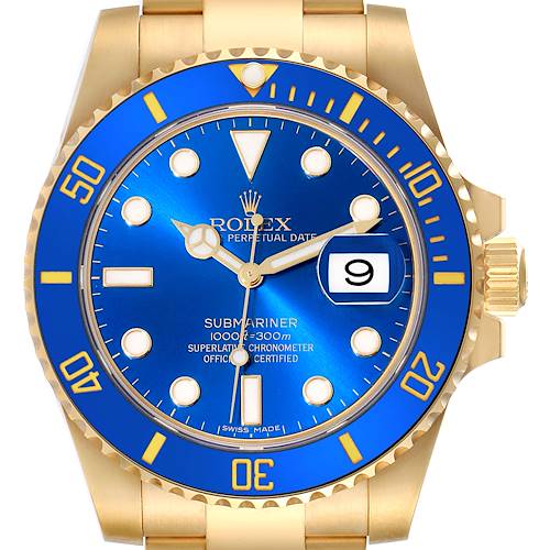 The image shows a frontal view of a Rolex Submariner 116618 Men's Yellow Gold Blue Dial 116618 Men's Yellow Gold Blue Dial watch featuring a blue dial and bezel with a gold case and band.