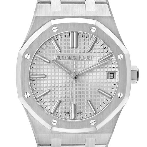 The image shows a front view of the Audemars Piguet Royal Oak 15510ST.OO.1320ST.08 Men's Stainless Steel Silver Dial 15510ST.OO.1320ST.08 Men's Stainless Steel Silver Dial watch, highlighting its octagonal bezel, dial, and bracelet.