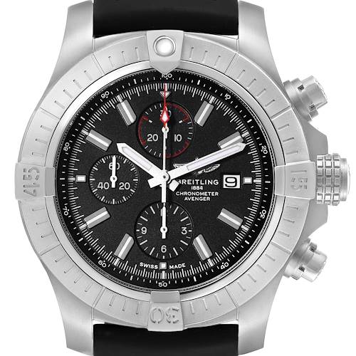 The Breitling Avenger A13375 Men's Stainless Steel Black Dial A13375 Men's Stainless Steel Black Dial watch is shown from the front, highlighting the dial, bezel, subdials, and crown.
