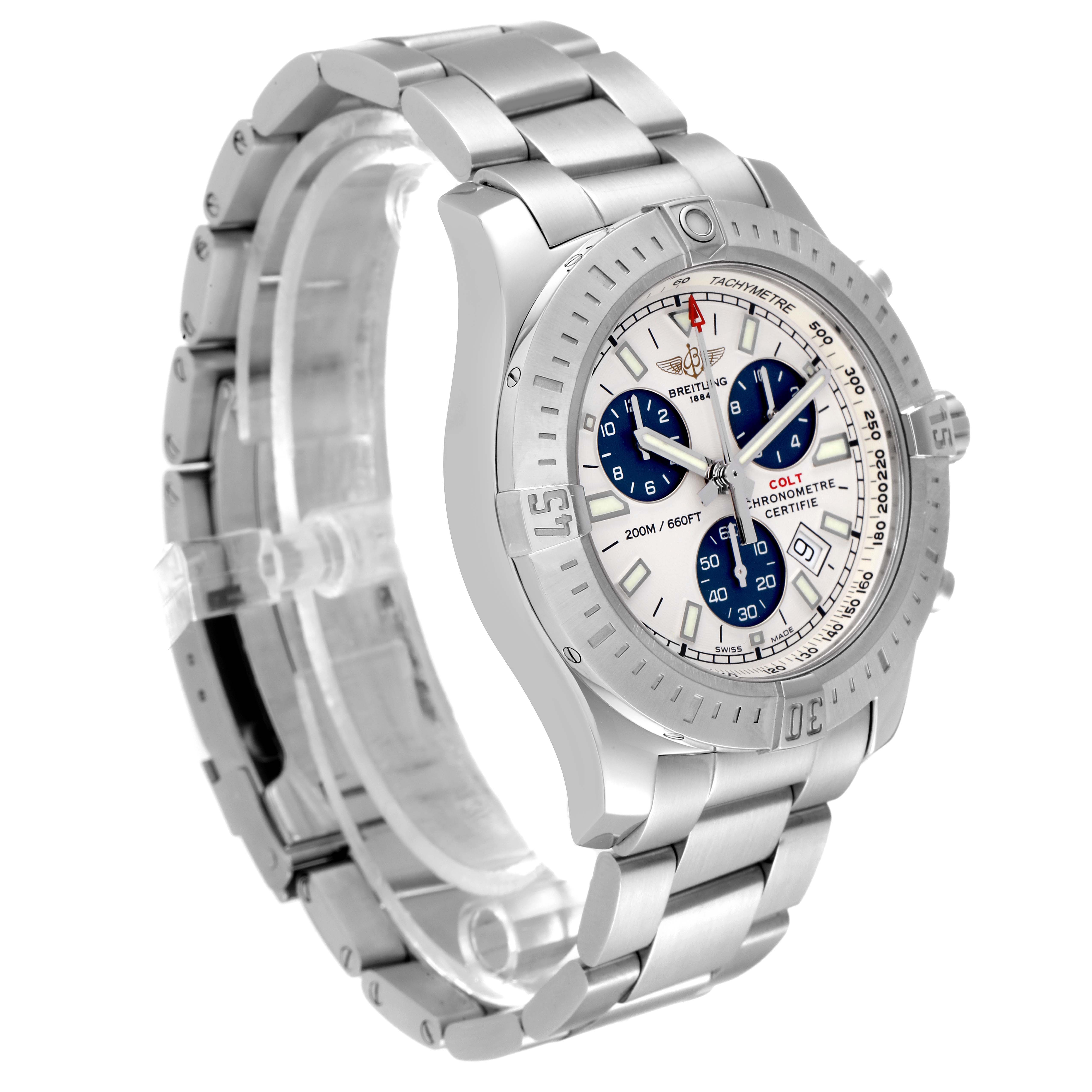 The image shows a side angle of a Breitling Colt A73388 Men's Stainless Steel White Dial A73388 Men's Stainless Steel White Dial watch displaying the bracelet, case, bezel, and dial with sub-dials.