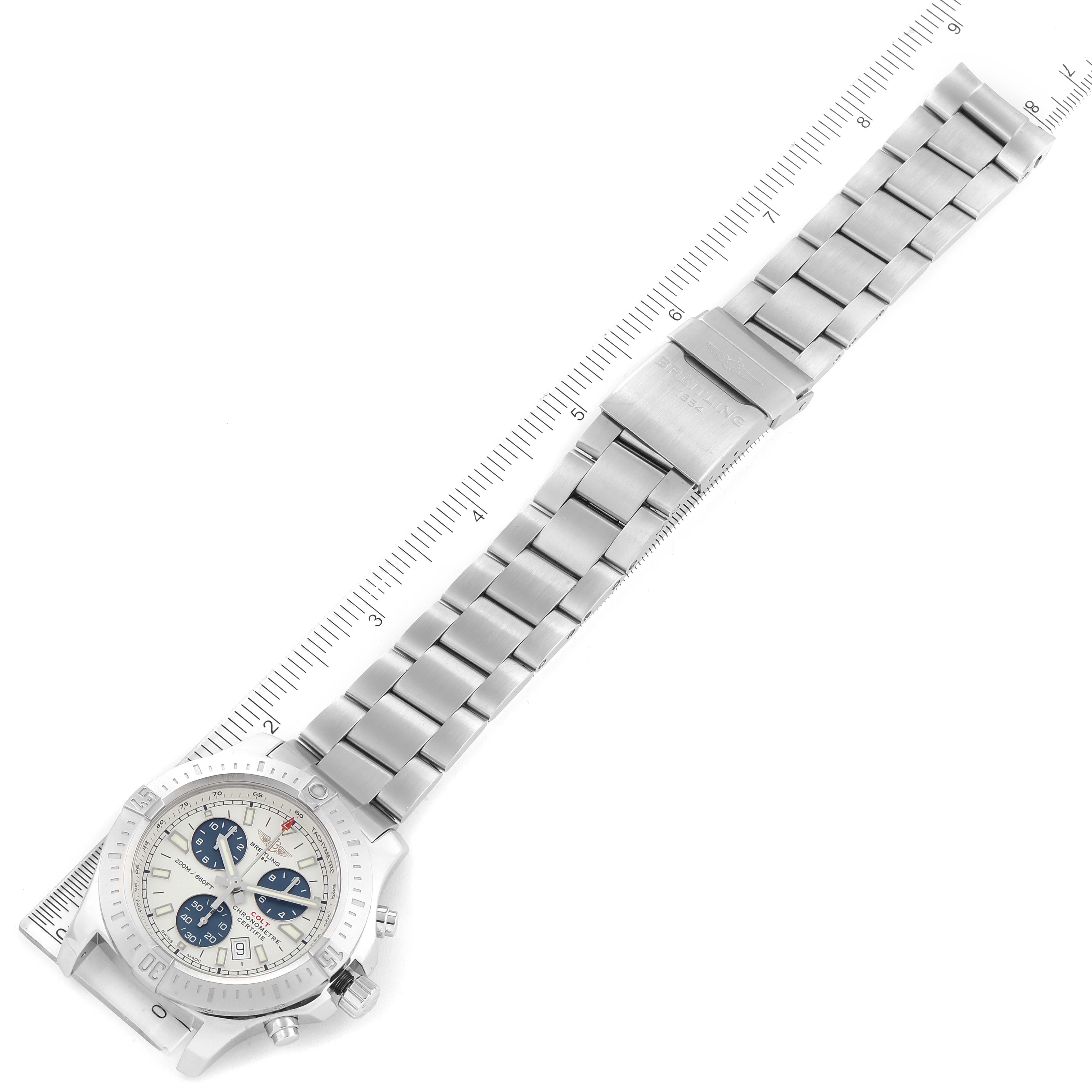 The Breitling Colt A73388 Men's Stainless Steel White Dial A73388 Men's Stainless Steel White Dial watch is shown from a top-down angle, displaying the face, bezel, and metal bracelet.