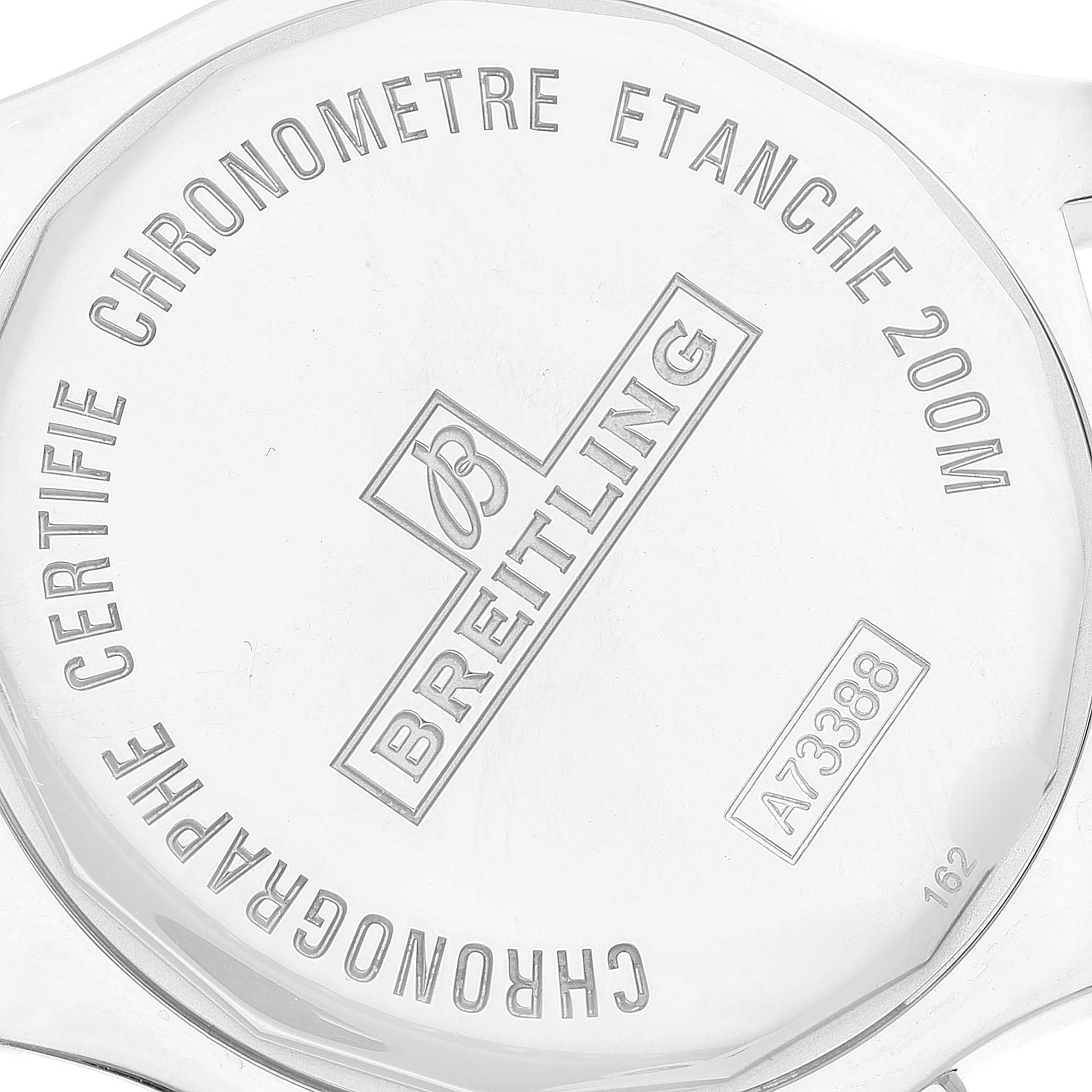 This image shows the case back of the Breitling Colt A73388 Men's Stainless Steel White Dial A73388 Men's Stainless Steel White Dial watch, featuring brand markings and specifications.