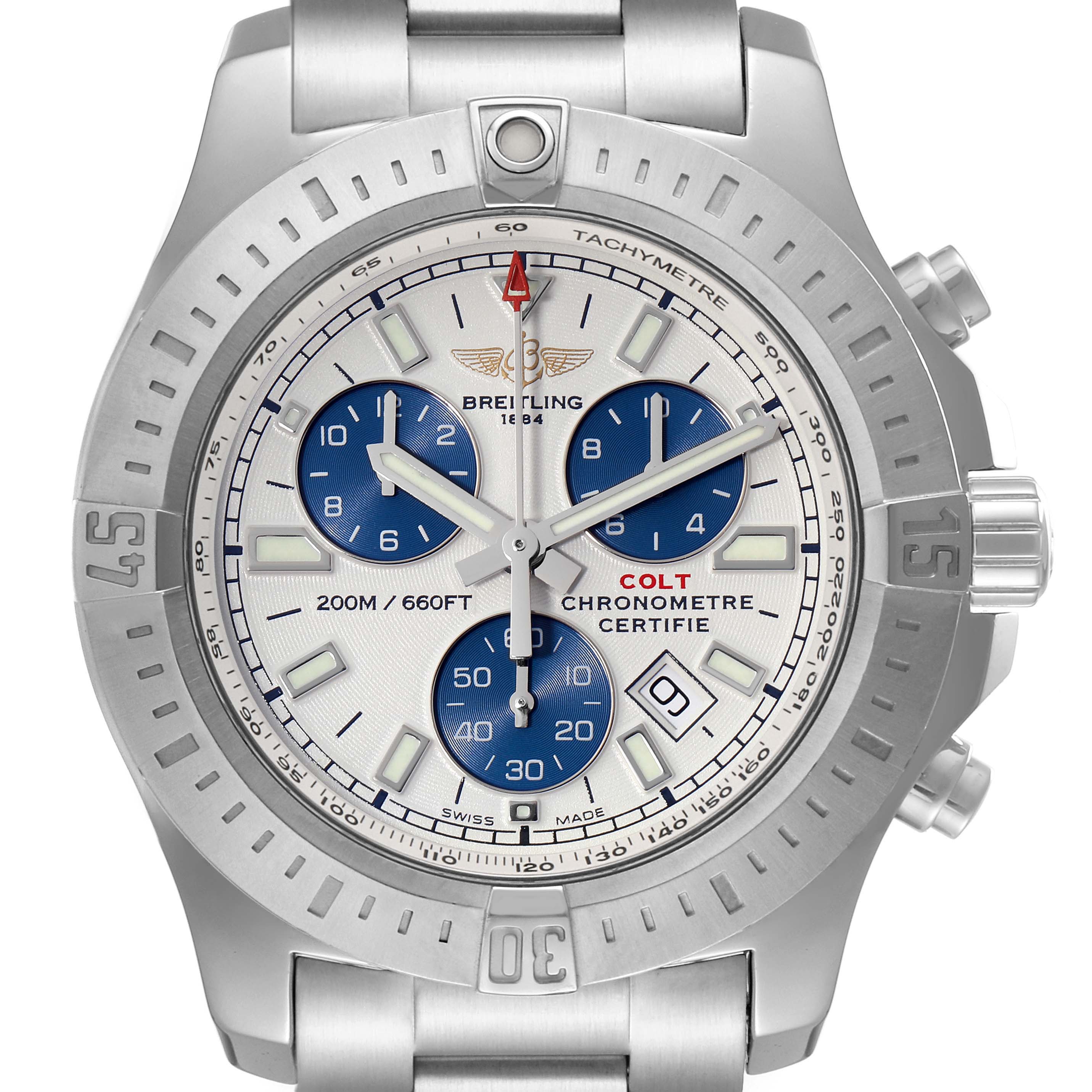 The image shows a front view of a Breitling Colt A73388 Men's Stainless Steel White Dial A73388 Men's Stainless Steel White Dial watch, highlighting the dial, bezel, subdials, and bracelet.