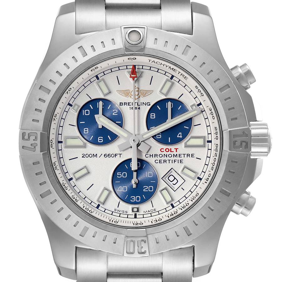 The image shows a front view of a Breitling Colt A73388 Men's Stainless Steel White Dial A73388 Men's Stainless Steel White Dial watch, highlighting the dial, bezel, subdials, and bracelet.