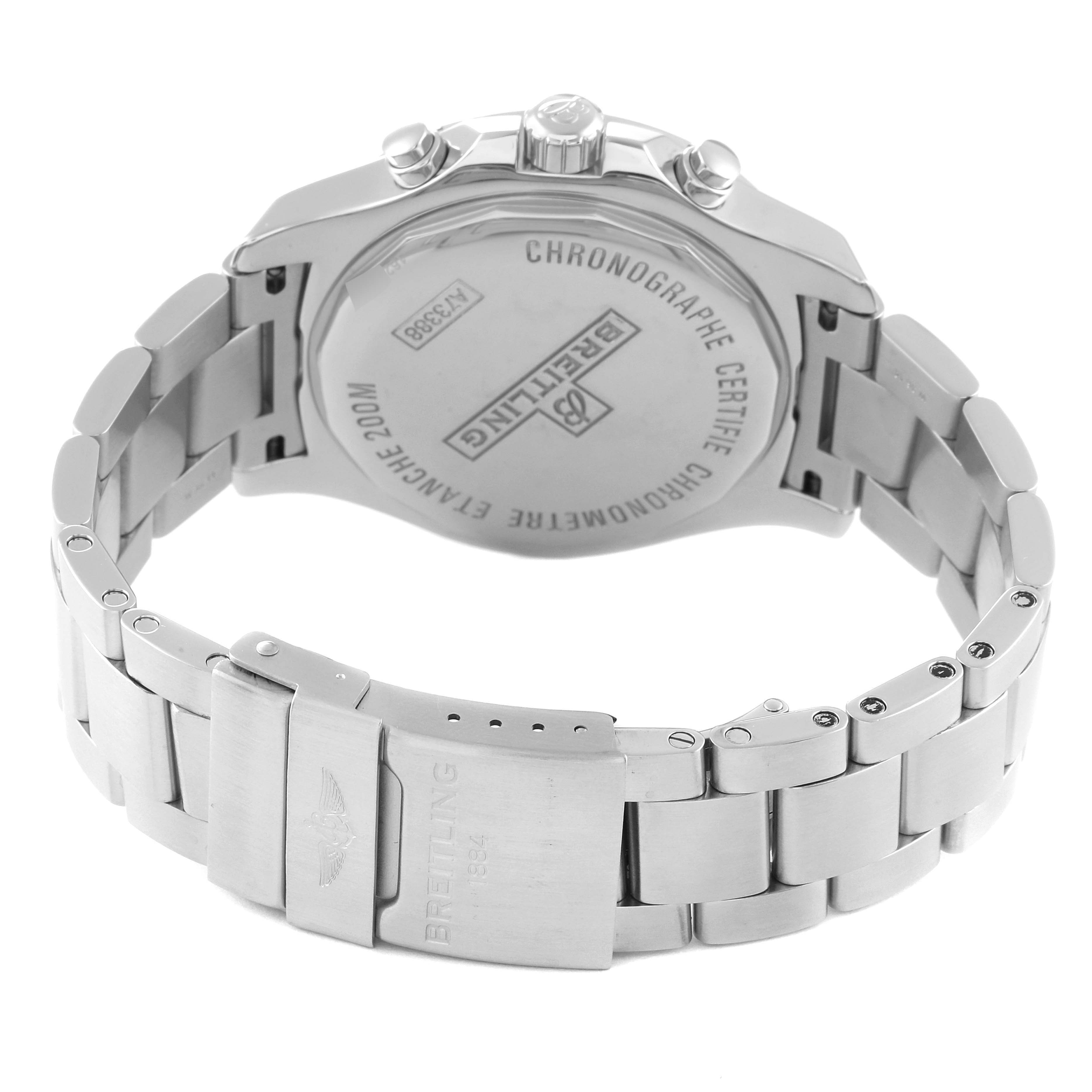 This image shows the back casing and bracelet of a Breitling Colt A73388 Men's Stainless Steel White Dial A73388 Men's Stainless Steel White Dial watch from a rear angle.
