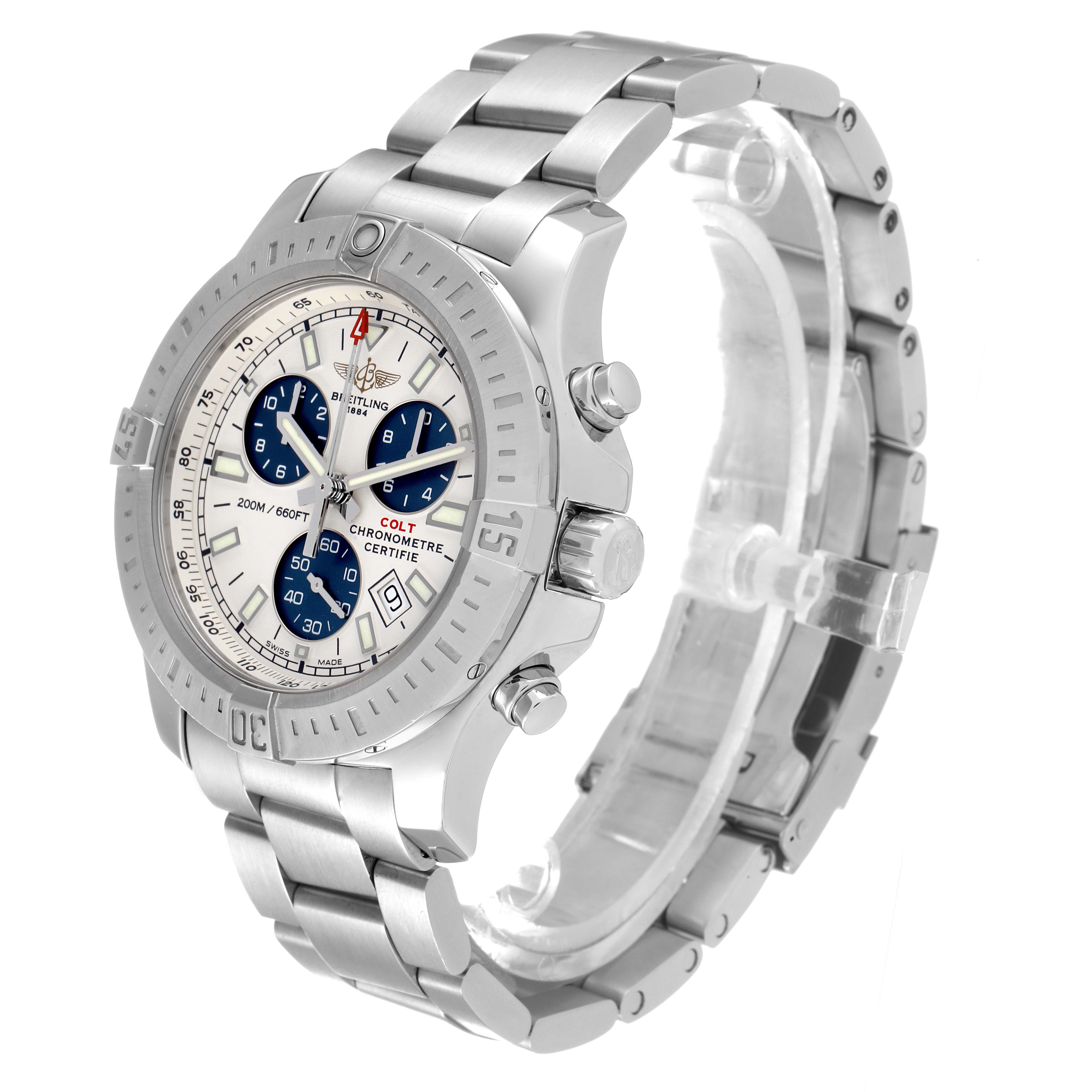 The image shows a Breitling Colt A73388 Men's Stainless Steel White Dial A73388 Men's Stainless Steel White Dial watch at a three-quarter angle, highlighting its face, bezel, case, and metal bracelet.