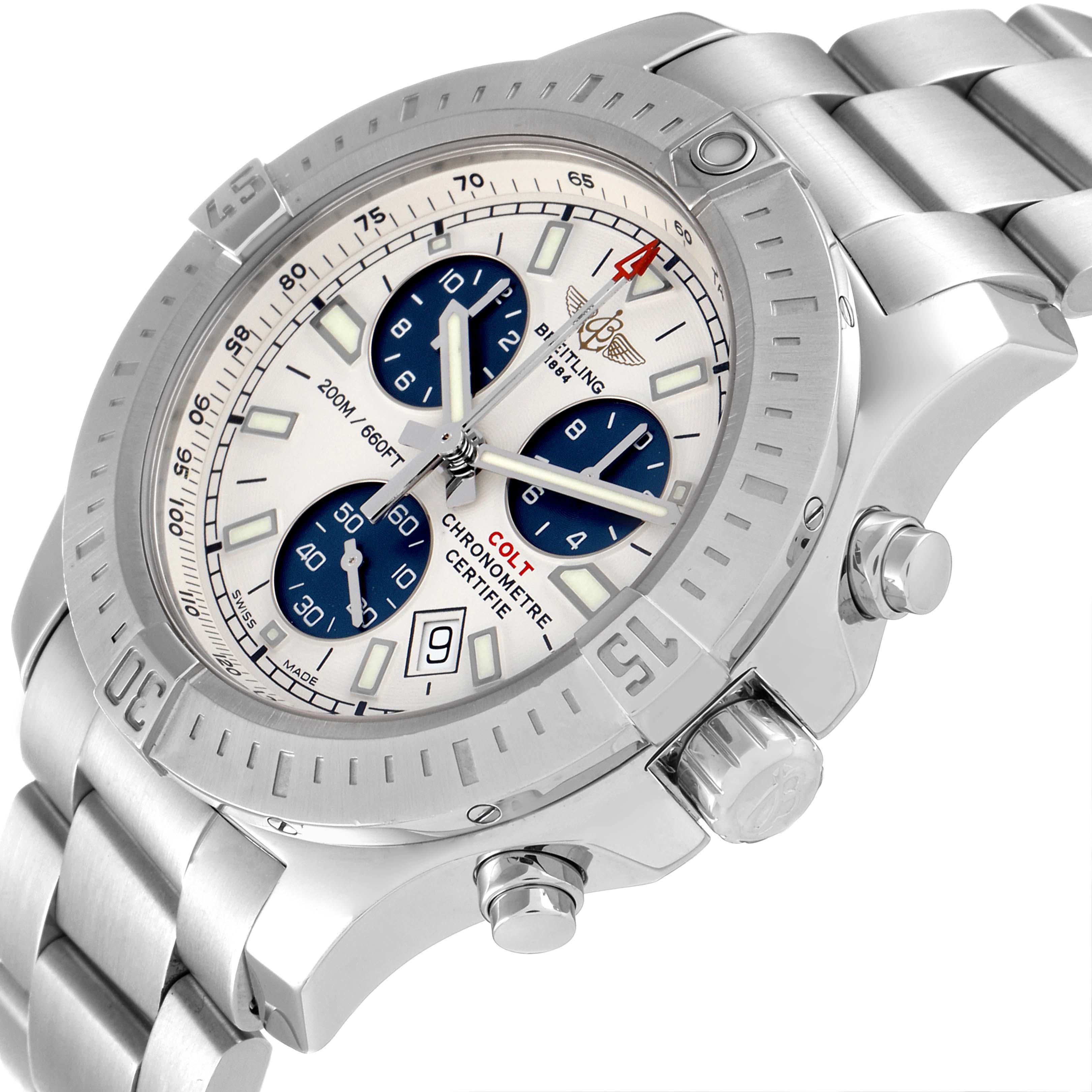 The image displays a close-up angled view of the Breitling Colt A73388 Men's Stainless Steel White Dial A73388 Men's Stainless Steel White Dial watch, showcasing its face, bezel, and bracelet.