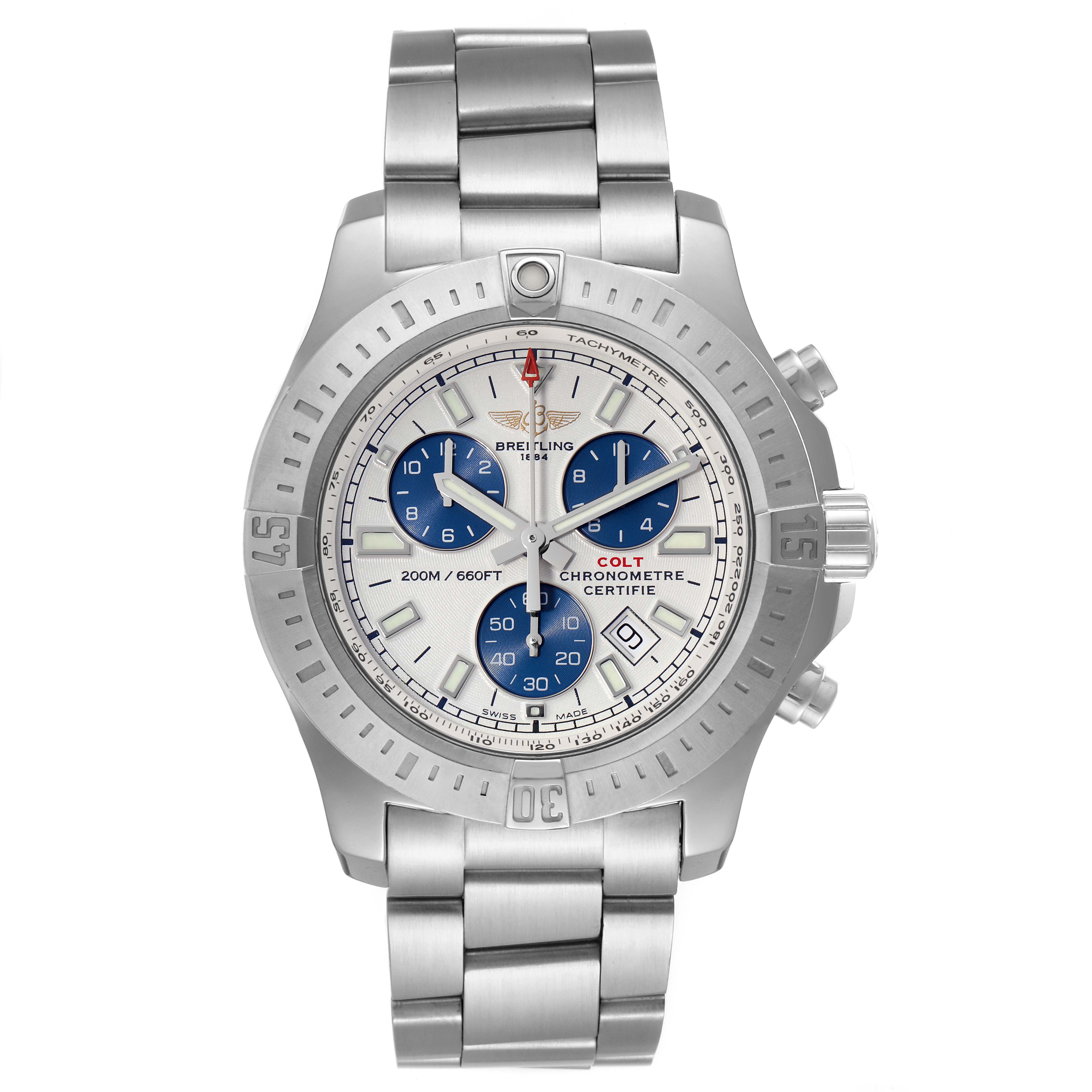 This image shows a front view of the Breitling Colt A73388 Men's Stainless Steel White Dial A73388 Men's Stainless Steel White Dial chronograph watch with a silver bracelet and three blue subdials.