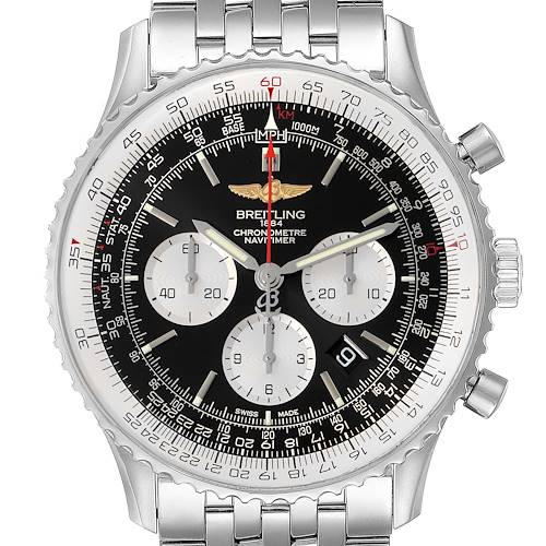 The image shows a front view of a Breitling Navitimer AB0127-211-B1A1 Men's Stainless Steel Black Dial AB0127-211-B1A1 Men's Stainless Steel Black Dial watch, highlighting its dial, subdials, bezel, and bracelet.