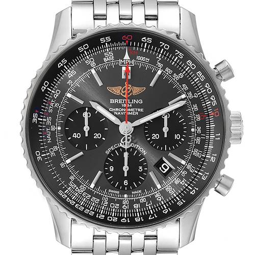 Front view of the Breitling Navitimer AB0121 Men's Stainless Steel Grey Dial AB0121 Men's Stainless Steel Grey Dial watch showing the dial, chronograph subdials, bezel, and part of the stainless steel bracelet.