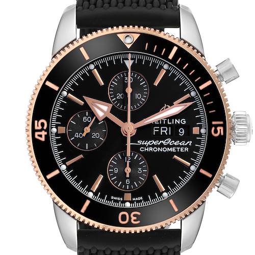 The Breitling Superocean U1331312/BG50/279S/A20D.4 Men's Steel and Gold (two tone) Black Dial U1331312/BG50/279S/A20D.4 Men's Steel and Gold (two tone) Black Dial watch is shown from a front angle, highlighting its dial, bezel, pushers, and strap.