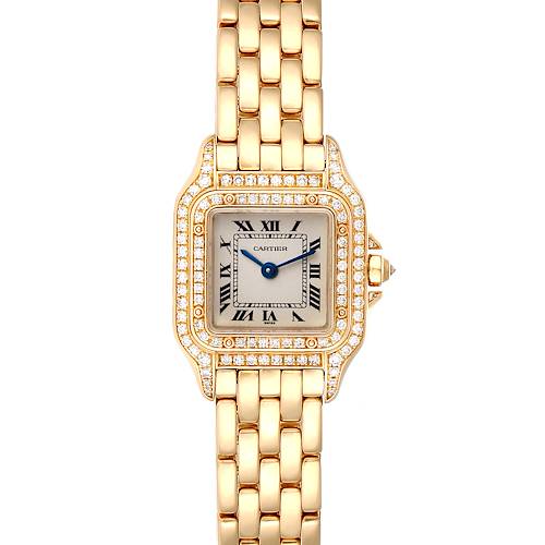 The Cartier Panthere WF3072B9 Women's Yellow Gold Silver Dial WF3072B9 Women's Yellow Gold Silver Dial watch is shown from the front, highlighting the dial, bracelet, and diamond-encrusted bezel.