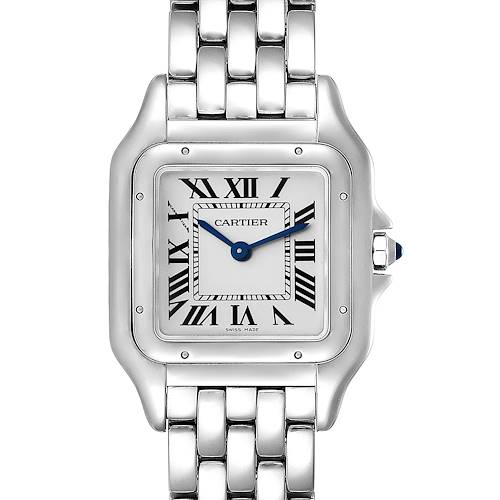 The image shows a front view of the Cartier Panthere WSPN0007 Men's Stainless Steel Silver Dial WSPN0007 Men's Stainless Steel Silver Dial watch, highlighting its face and bracelet.
