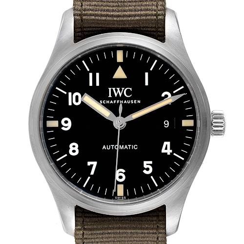 This IWC Pilot IW327007 Men's Stainless Steel Black Dial IW327007 Men's Stainless Steel Black Dial model watch is shown from a top-down angle, displaying its dial, hands, casing, and part of the strap.