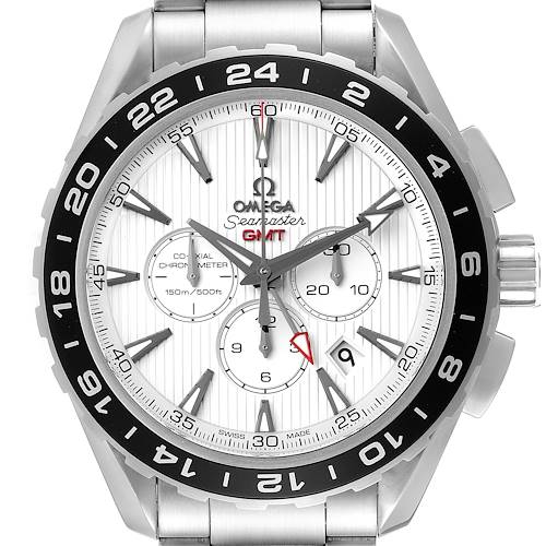 The image shows a front view of an Omega Seamaster 231.10.44.52.04.001 Men's Stainless Steel White Dial 231.10.44.52.04.001 Men's Stainless Steel White Dial GMT watch with chronograph dials and a stainless steel strap.