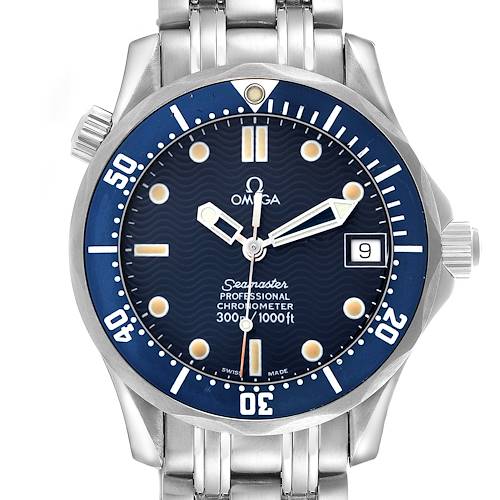The Omega Seamaster 2551.80.00 Men's Stainless Steel Blue Dial 2551.80.00 Men's Stainless Steel Blue Dial watch is shown from the front, displaying its dial, bezel, and bracelet.