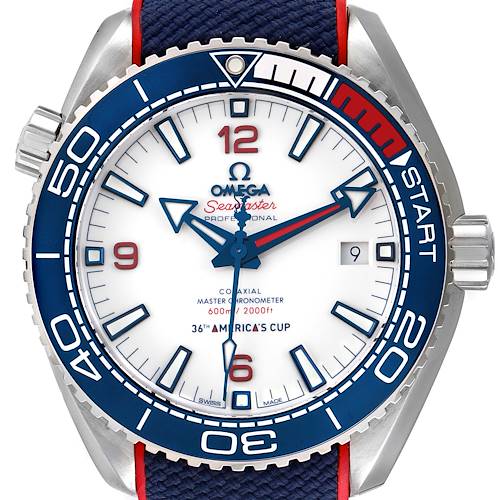 The image shows a front view of the Omega Planet Ocean 215.32.43.21.04.001 Men's Stainless Steel White Dial 215.32.43.21.04.001 Men's Stainless Steel White Dial watch, highlighting the dial, bezel, and crown.