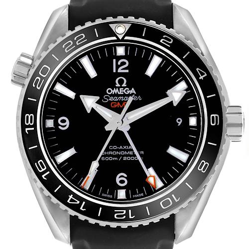 The Omega Planet Ocean 232.32.44.22.01.001 Men's Stainless Steel Black Dial 232.32.44.22.01.001 Men's Stainless Steel Black Dial watch is shown from a front angle, displaying the face, bezel, crown, and strap.
