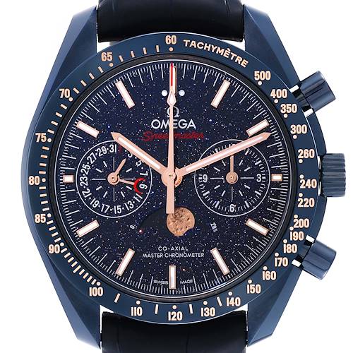 The Omega Speedmaster 304.93.44.52.03.002 Men's Ceramic Blue Dial 304.93.44.52.03.002 Men's Ceramic Blue Dial watch is shown at a frontal angle, displaying the face, chronographs, tachymeter, and crown.