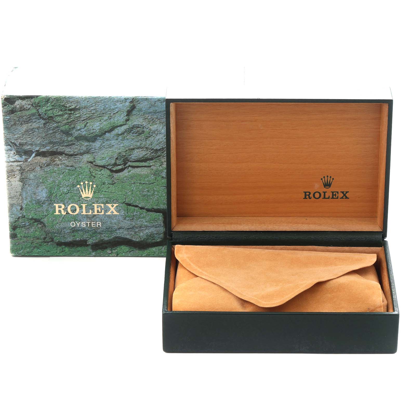 The image shows the Rolex Air-King 14000 Men's Stainless Steel Black Dial 14000 Men's Stainless Steel Black Dial watch box, including an open wooden interior and a protective pouch inside.