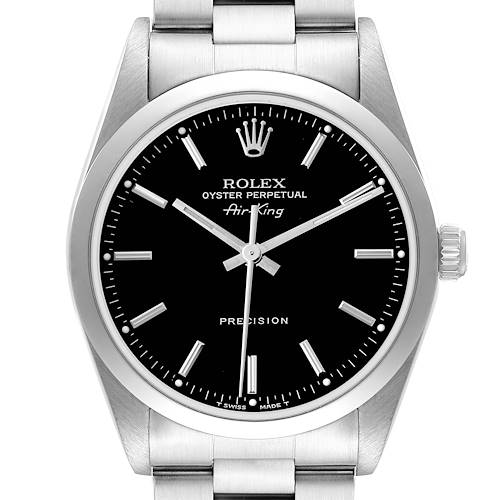 The Rolex Air-King 14000 Men's Stainless Steel Black Dial 14000 Men's Stainless Steel Black Dial watch is shown from a front angle, featuring a black dial, silver hour markers, and a stainless steel bracelet.