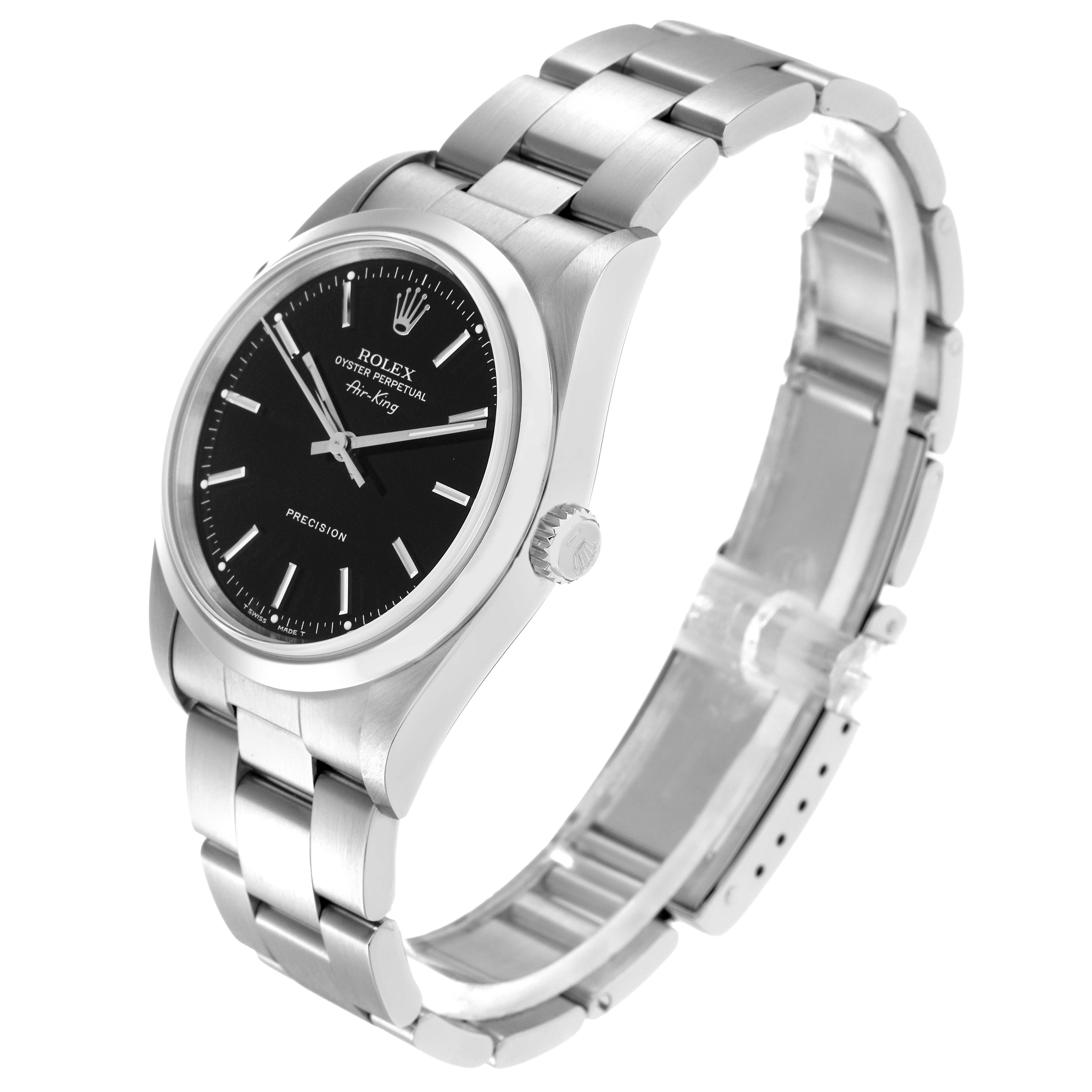 The Rolex Air-King 14000 Men's Stainless Steel Black Dial 14000 Men's Stainless Steel Black Dial watch is shown at a three-quarter angle, highlighting the black dial, case, and stainless steel bracelet.