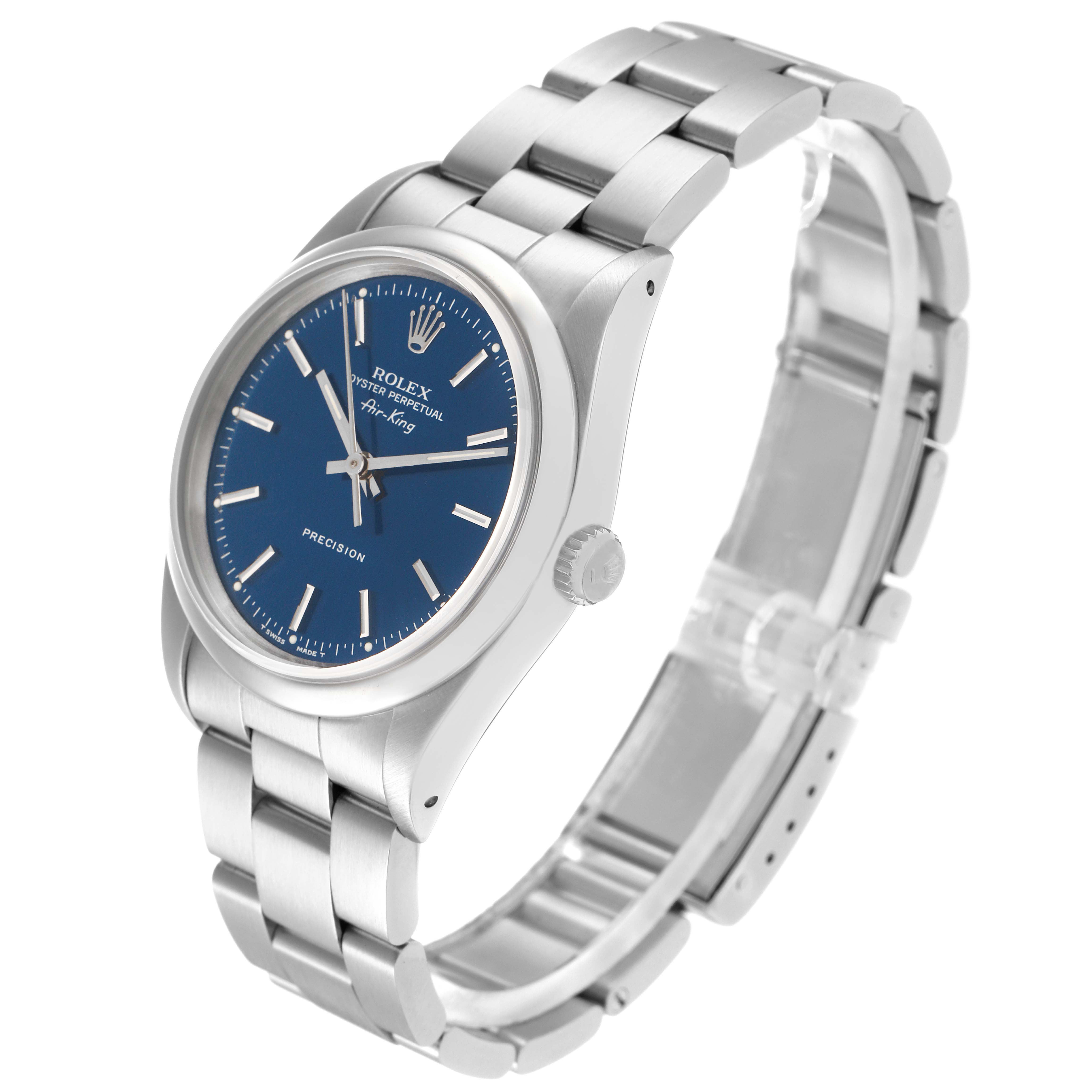 The Rolex Air-King 14000 Men's Stainless Steel Blue Dial 14000 Men's Stainless Steel Blue Dial watch is shown at a three-quarter angle, highlighting the blue dial, bezel, bracelet, and crown.