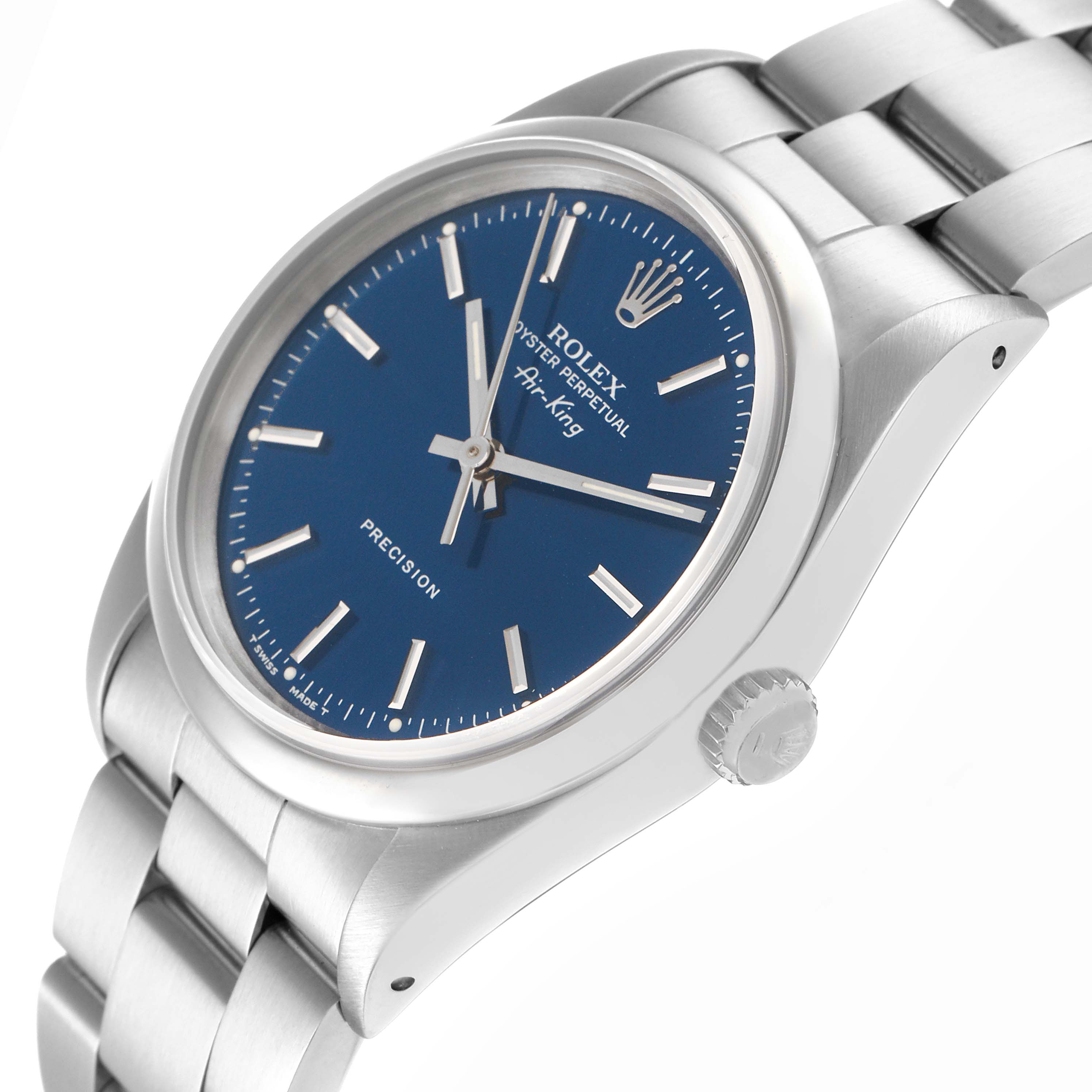 The Rolex Air-King 14000 Men's Stainless Steel Blue Dial 14000 Men's Stainless Steel Blue Dial watch is shown at a tilted angle, displaying its face, crown, and bracelet.