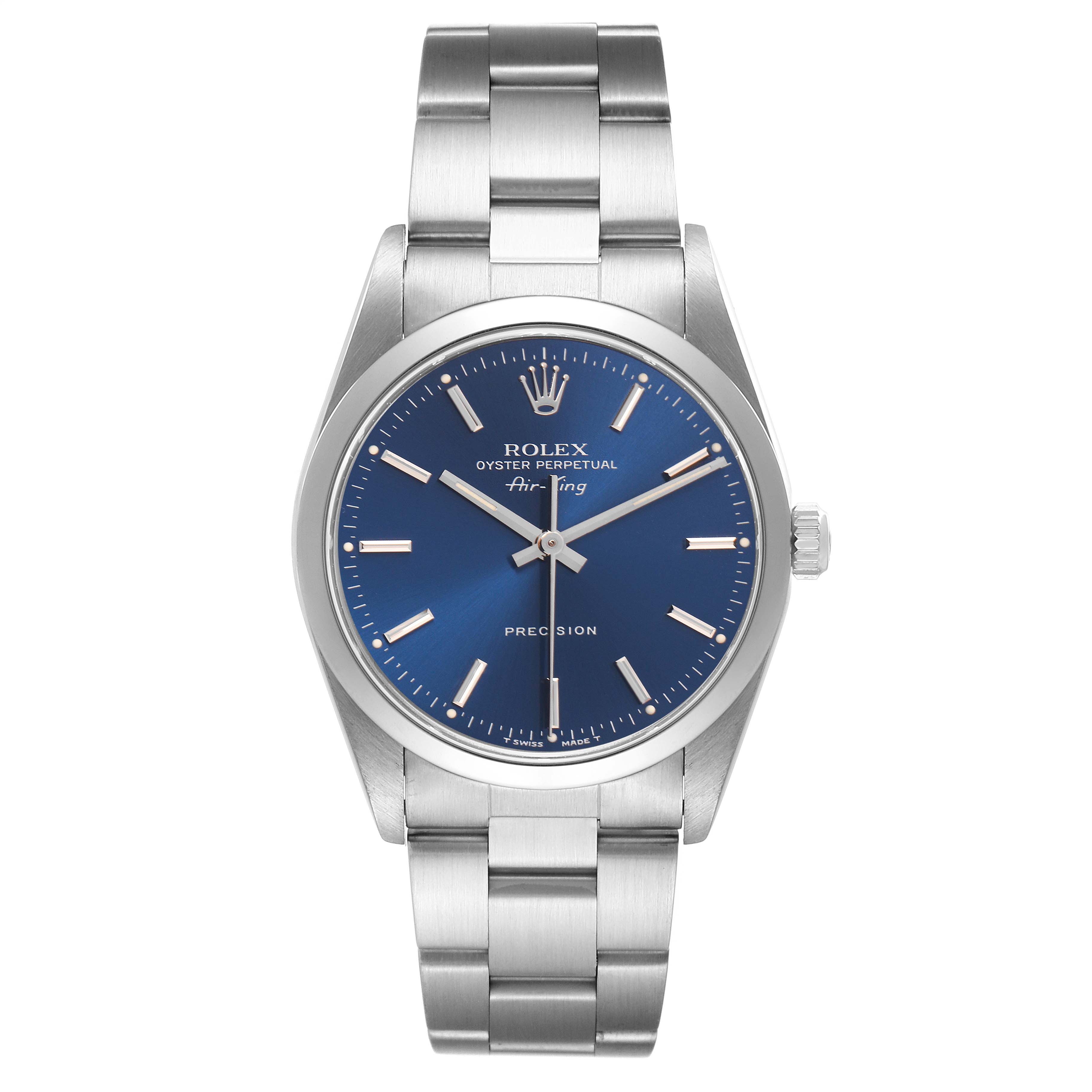 The Rolex Air-King 14000 Men's Stainless Steel Blue Dial 14000 Men's Stainless Steel Blue Dial watch is shown from a front angle, highlighting the blue dial, silver bezel, and bracelet.