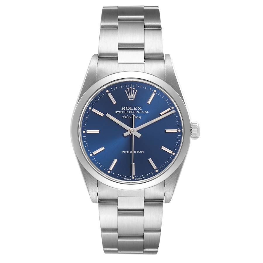 The Rolex Air-King 14000 Men's Stainless Steel Blue Dial 14000 Men's Stainless Steel Blue Dial watch is shown from a front angle, highlighting the blue dial, silver bezel, and bracelet.