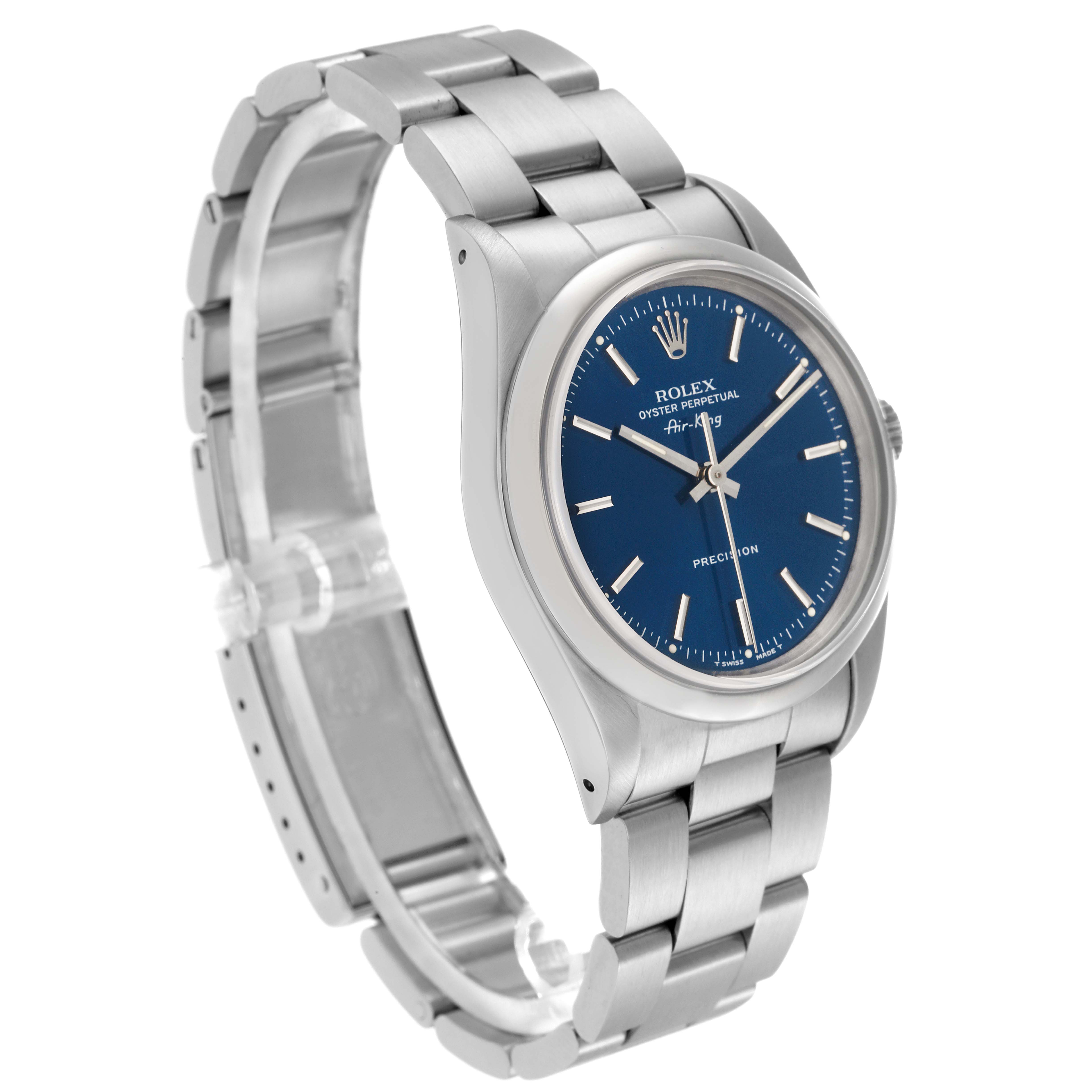 The Rolex Air-King 14000 Men's Stainless Steel Blue Dial 14000 Men's Stainless Steel Blue Dial watch is shown at a three-quarter angle, displaying the dial, bezel, crown, and bracelet links.