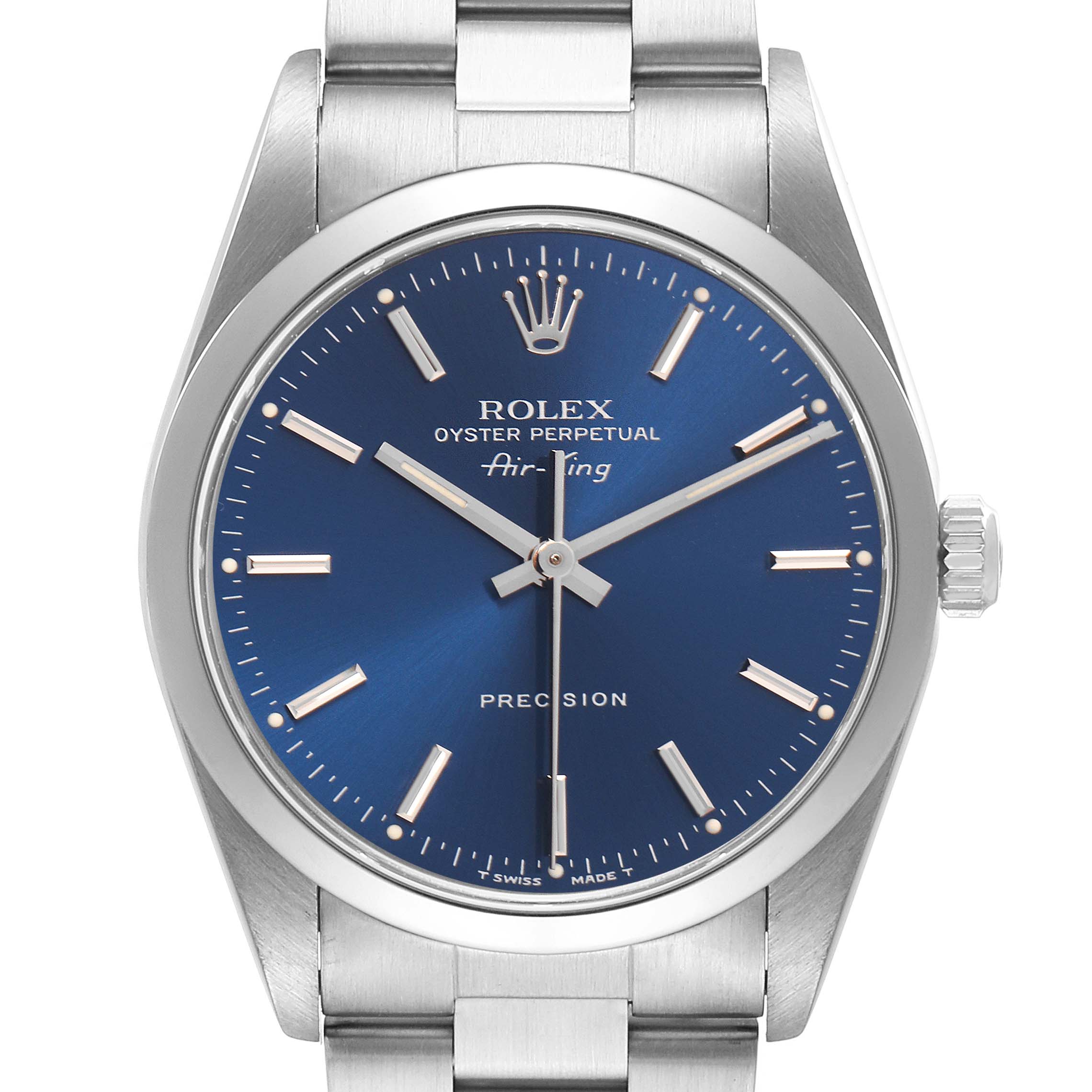 The Rolex Air-King 14000 Men's Stainless Steel Blue Dial 14000 Men's Stainless Steel Blue Dial watch is shown from the front, displaying the dial, crown, and part of the bracelet.