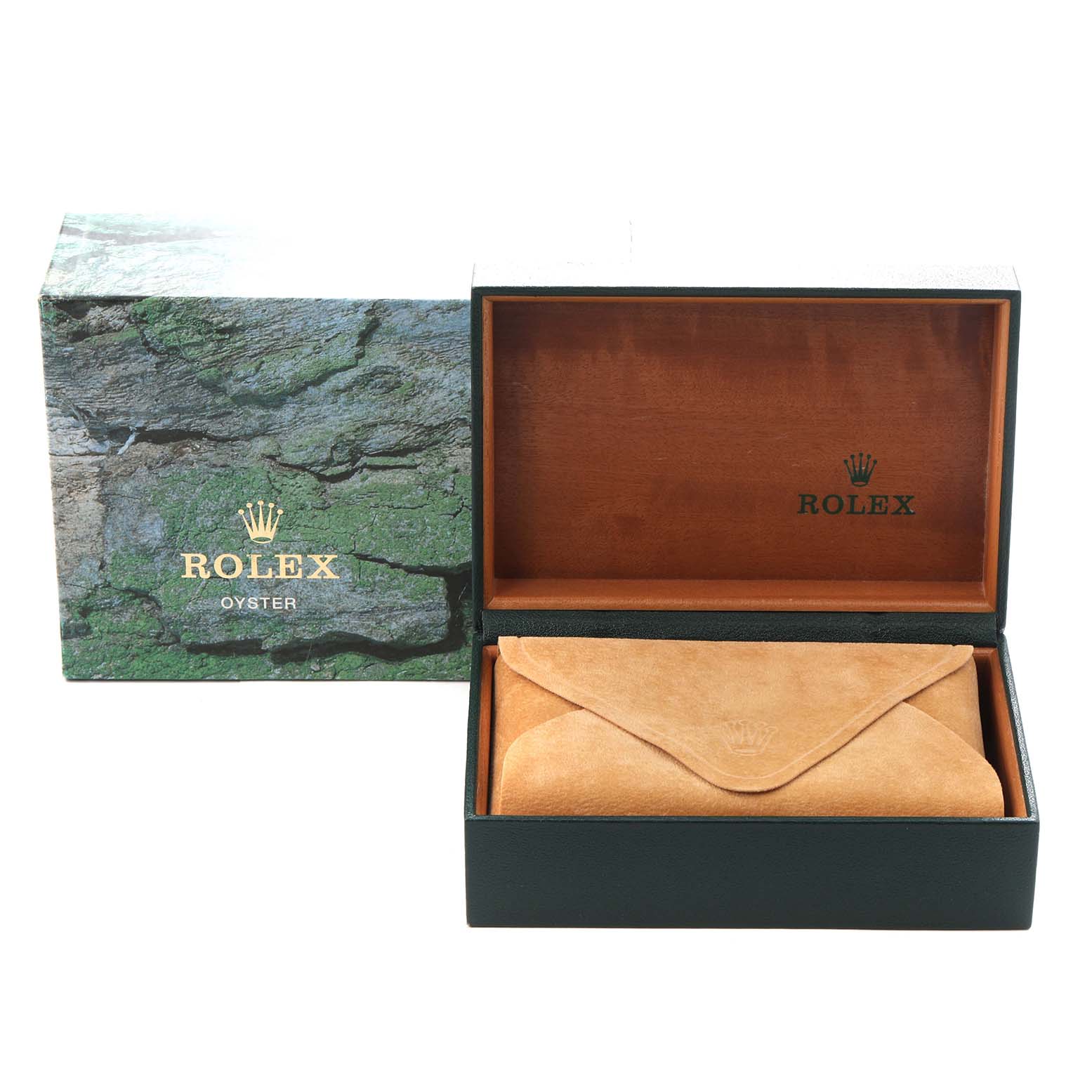 The image shows the box and pouch for a Rolex Air-King 14000 Men's Stainless Steel Blue Dial 14000 Men's Stainless Steel Blue Dial watch, viewed from the front.