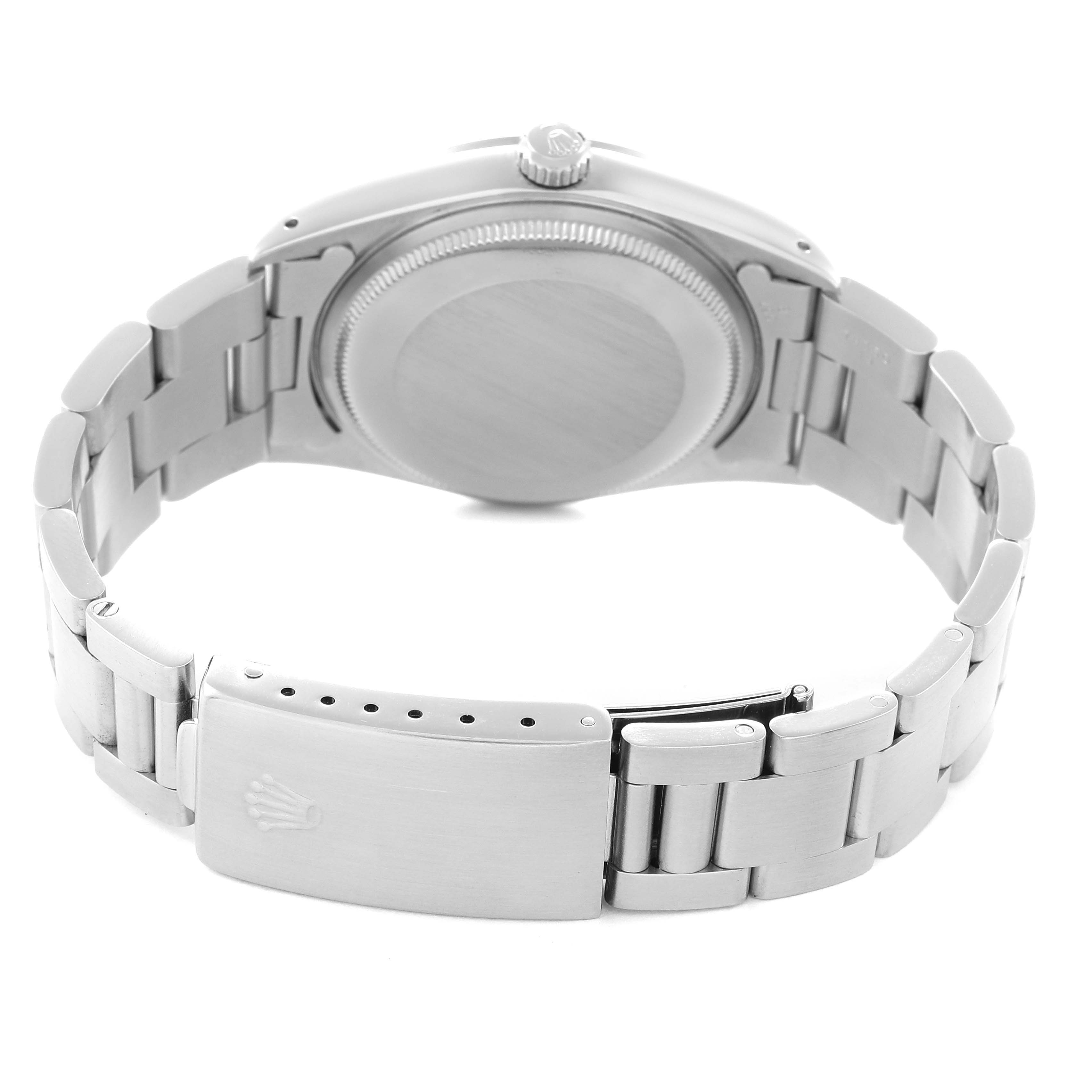 The image shows the back of a Rolex Air-King 14000 Men's Stainless Steel Blue Dial 14000 Men's Stainless Steel Blue Dial watch, highlighting the closed clasp and bracelet from a rear angle.