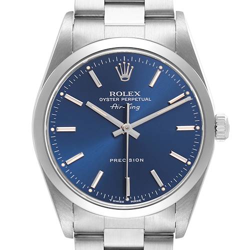 The Rolex Air-King 14000 Men's Stainless Steel Blue Dial 14000 Men's Stainless Steel Blue Dial watch is shown from a front angle, displaying the face, bezel, crown, and part of the bracelet.