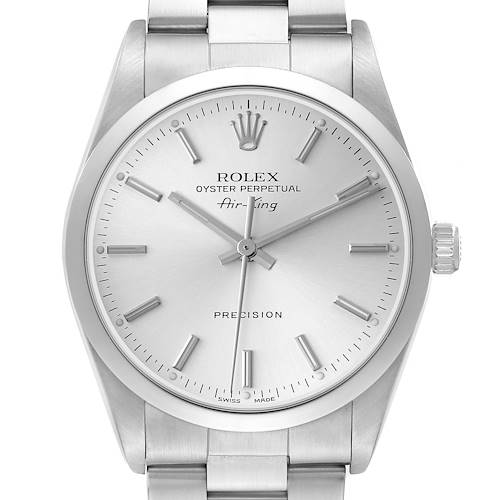 The Rolex Air-King 14000 Men's Stainless Steel Silver Dial 14000 Men's Stainless Steel Silver Dial watch is shown from a front angle, displaying its dial, hands, crown, and bracelet.