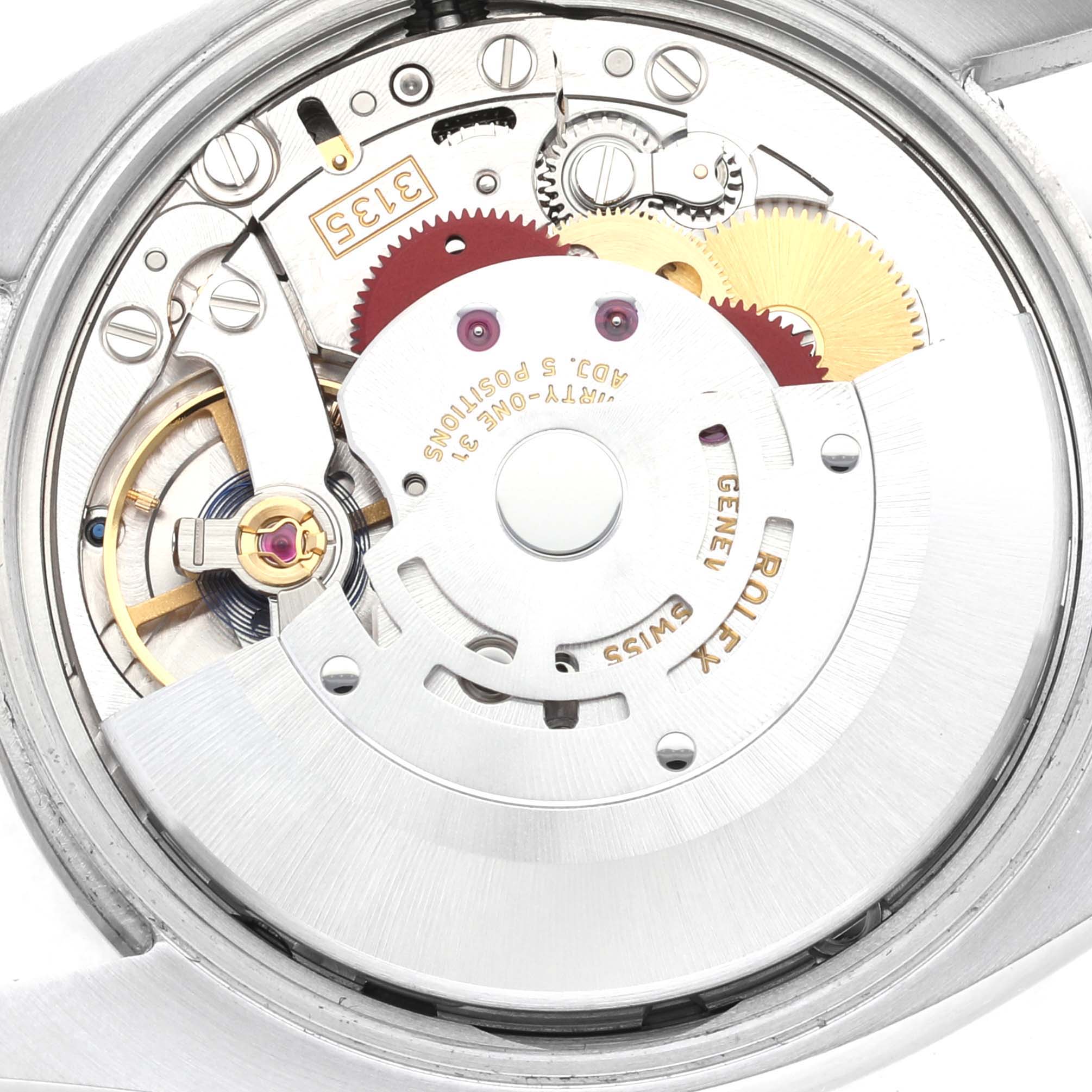 The image shows a close-up view of the internal movement of a Rolex Date 115234 Men's Stainless Steel Black Dial 115234 Men's Stainless Steel Black Dial model watch.
