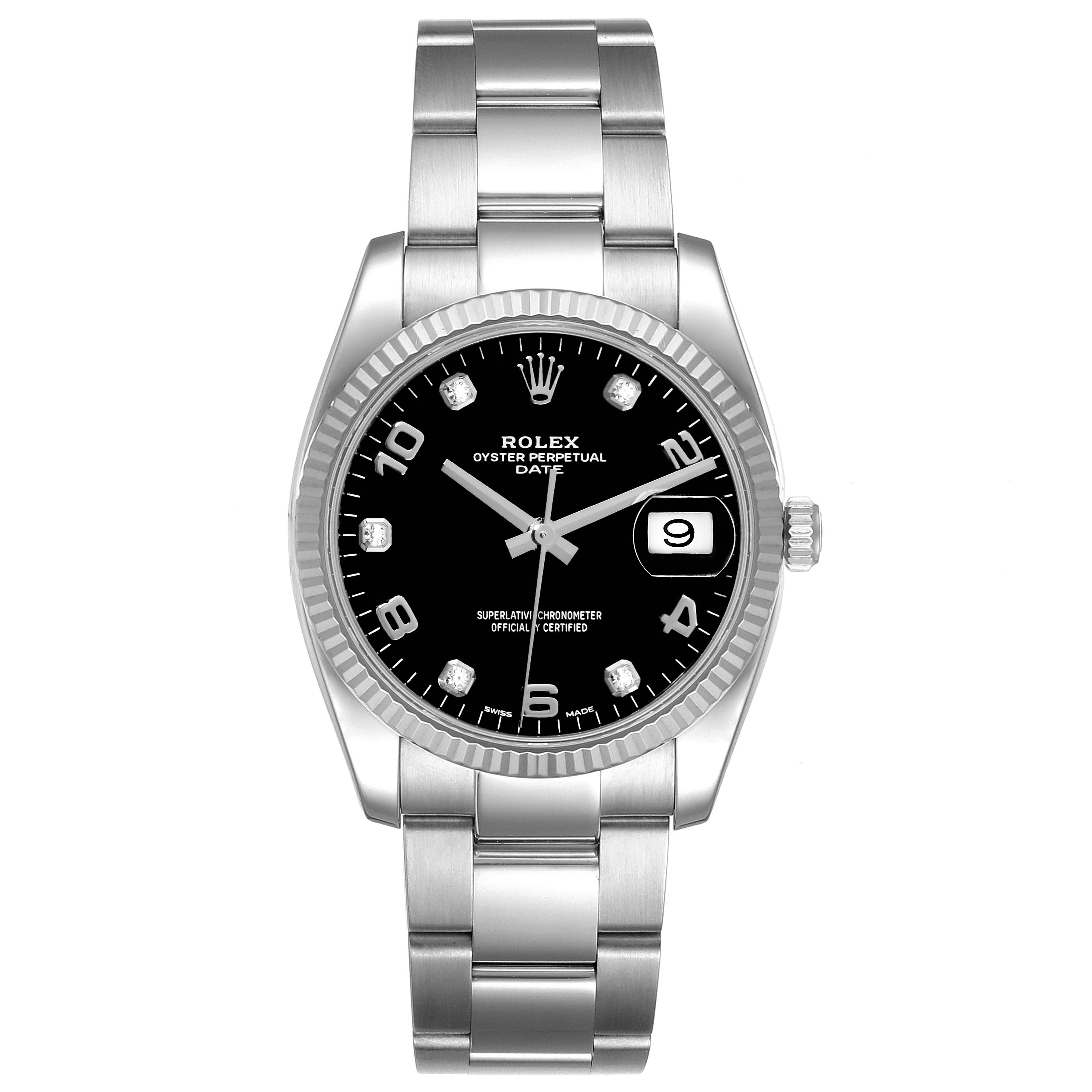 The watch, a Rolex Date 115234 Men's Stainless Steel Black Dial 115234 Men's Stainless Steel Black Dial model, is shown from a front angle featuring the dial, bezel, and bracelet.