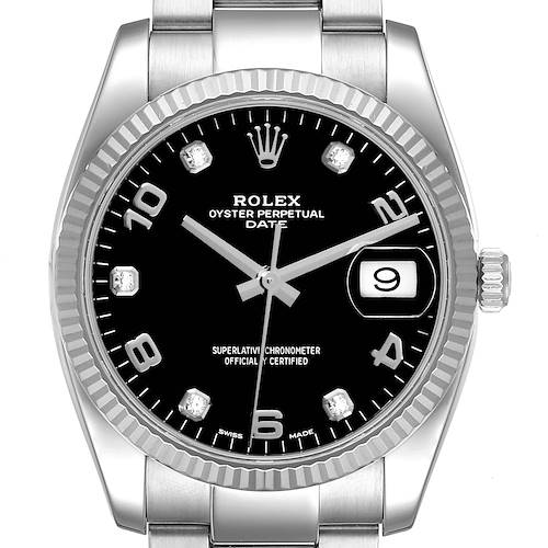 This image shows a front view of the Rolex Date 115234 Men's Stainless Steel Black Dial 115234 Men's Stainless Steel Black Dial model watch, displaying the dial, hands, date window, and part of the bracelet.