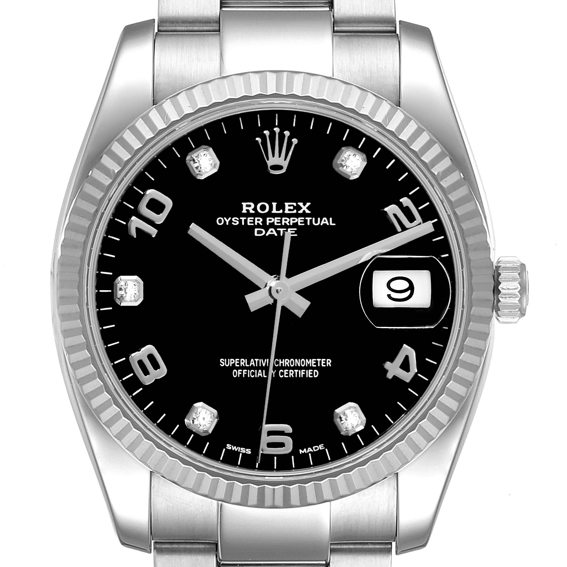 The image displays a front view of the Rolex Date 115234 Men's Stainless Steel Black Dial 115234 Men's Stainless Steel Black Dial model, showing the watch face, bezel, crown, and part of the bracelet.