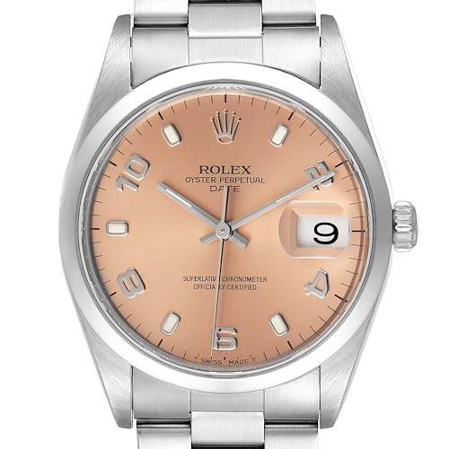 This Rolex Date 15200 Men's Stainless Steel Pink Dial 15200 Men's Stainless Steel Pink Dial model watch is shown from the front, displaying the watch face, dial, hands, date, and a portion of the bracelet.
