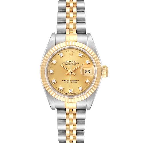 The image shows a frontal view of the Rolex Datejust 69173 Women's Steel and Gold (two tone) Champagne Dial 69173 Women's Steel and Gold (two tone) Champagne Dial watch, displaying its face, bezel, and two-tone Jubilee bracelet.