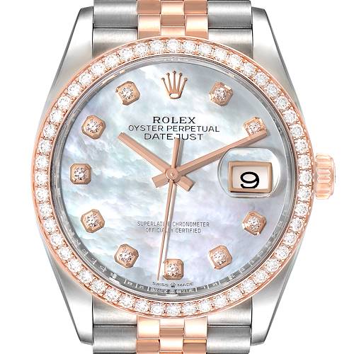 This image depicts a Rolex Datejust 126281 Men's Steel and Gold (two tone) Mother of Pearl Dial 126281 Men's Steel and Gold (two tone) Mother of Pearl Dial watch from a front view, highlighting its face, bezel, and part of the bracelet.